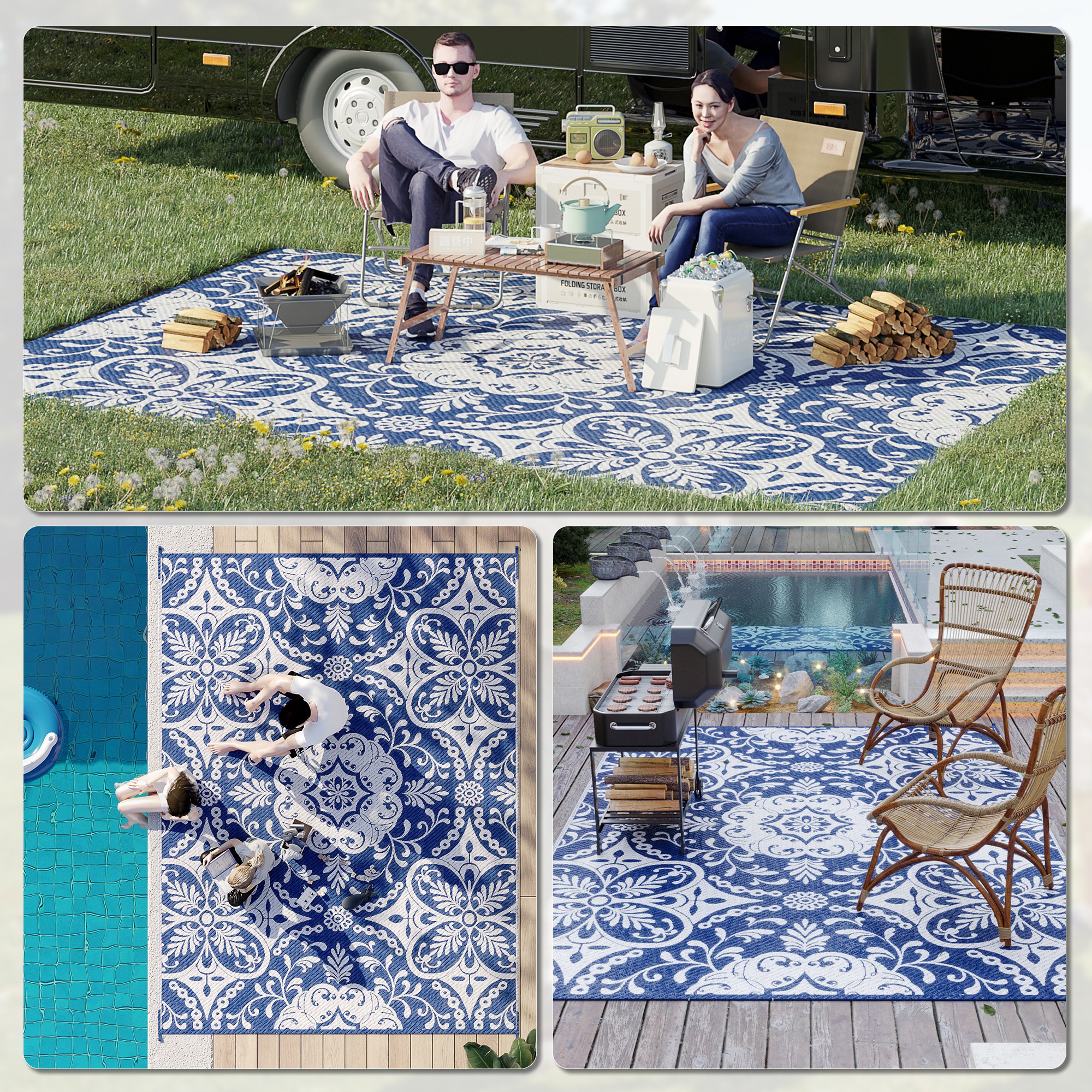 Portable Outdoor Rug with Carry Bag, 9' x 12' Reversible Mat, Waterproof Plastic Straw RV Rug for Backyard, Deck, Picnic, Beach, Camping, Blue & White Flower - Image 3