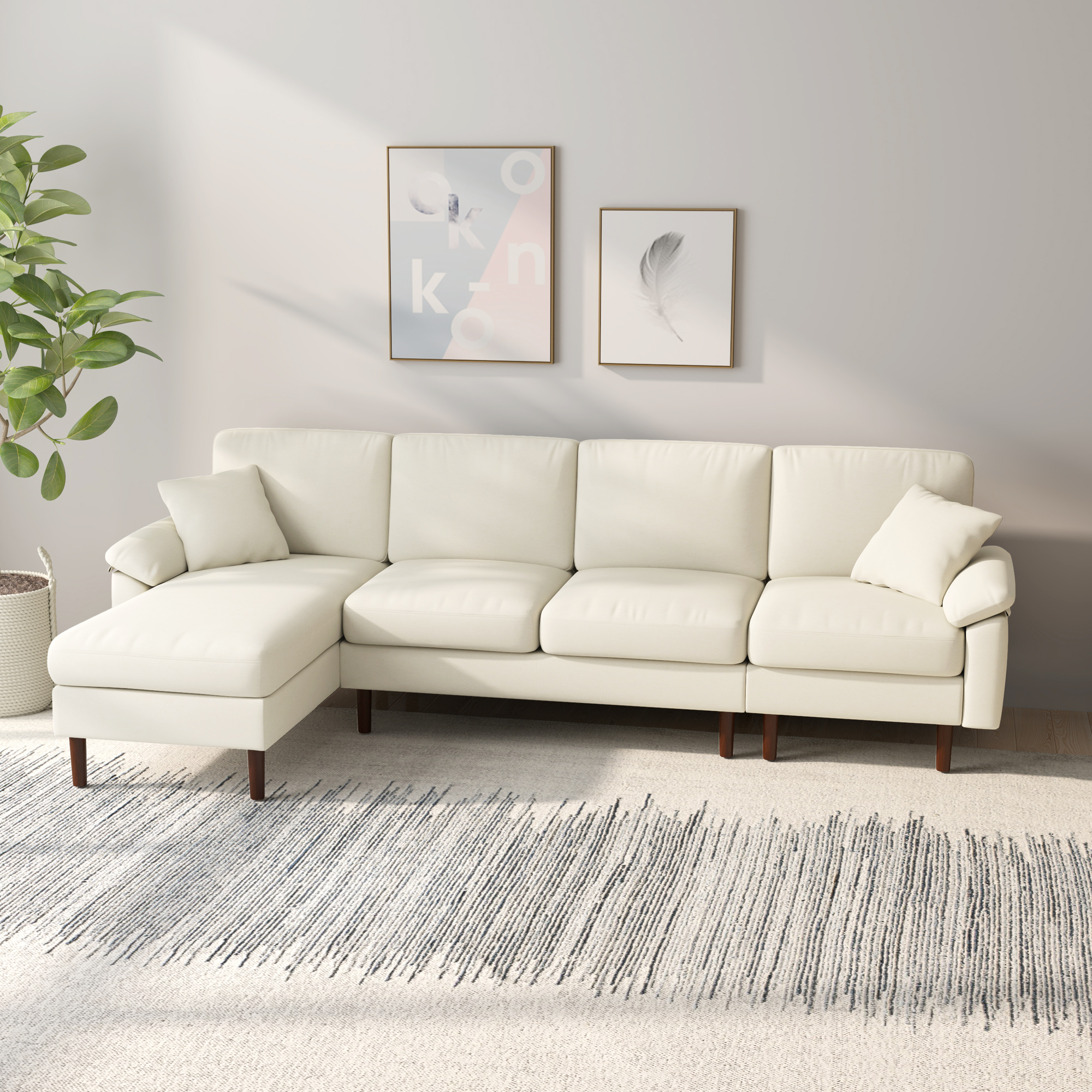 L-Shape Sofa, Modern Sectional Couch with Changeable Chaise Lounge, Pillows and Wooden Legs for Living Room, Cream White - Image 6