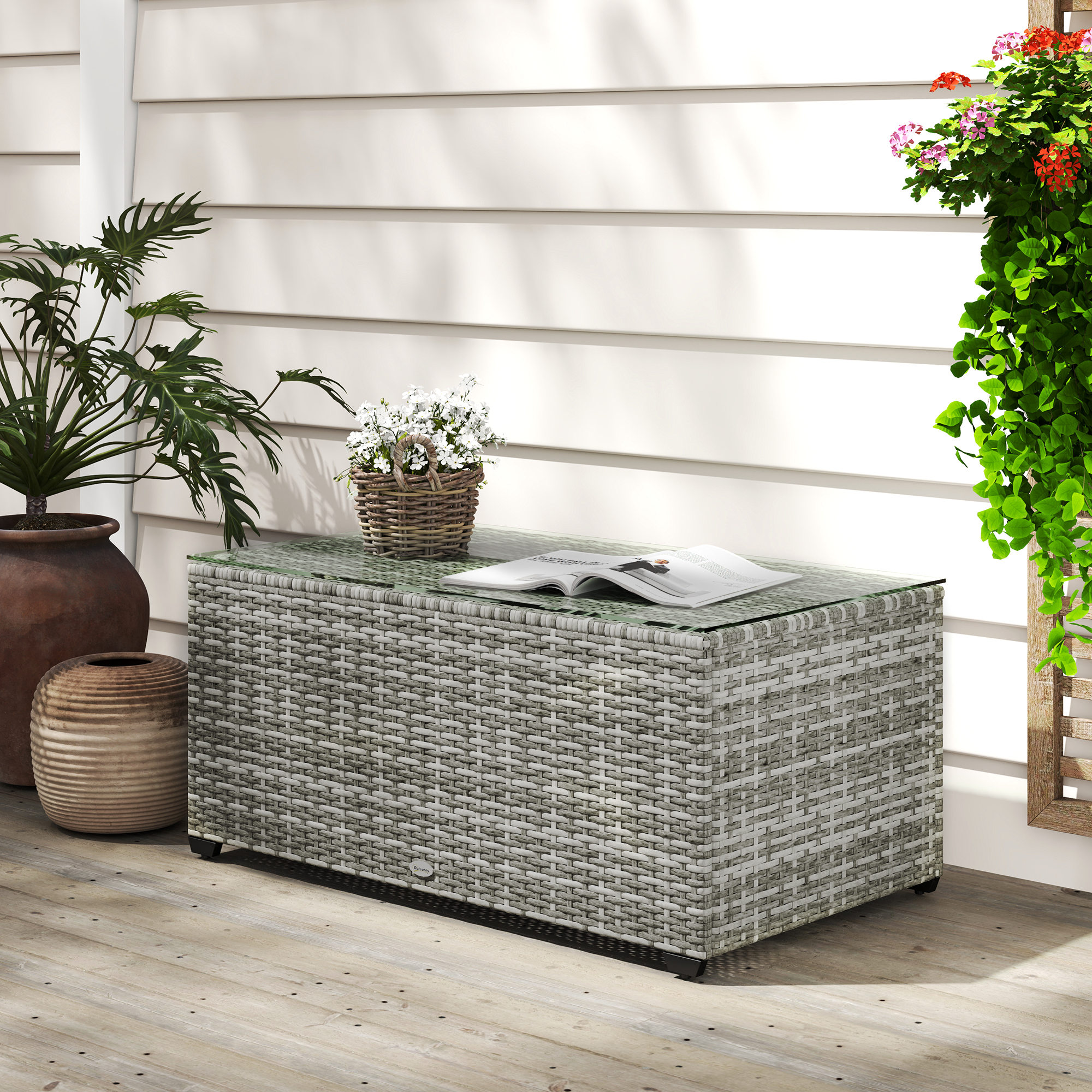 Wicker Outdoor Coffee Table, PE Wicker Rectangular Patio Table with Tempered Glass Top for Garden, Balcony, Light Grey - Image 6