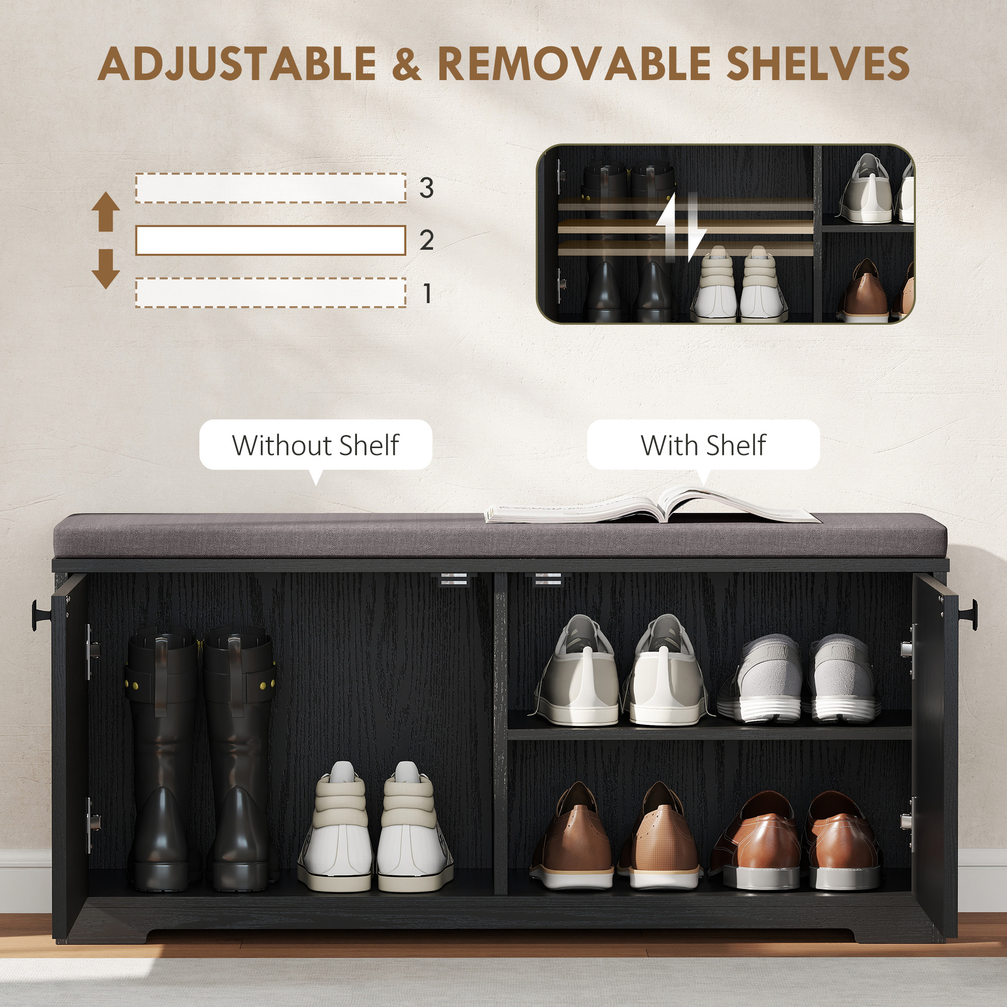 Shoe Storage Bench with Padded Seat, Entryway Bench Holds up to 352 lb, Shoe Organizer, 8 Pairs, Black Wood Grain - Image 3