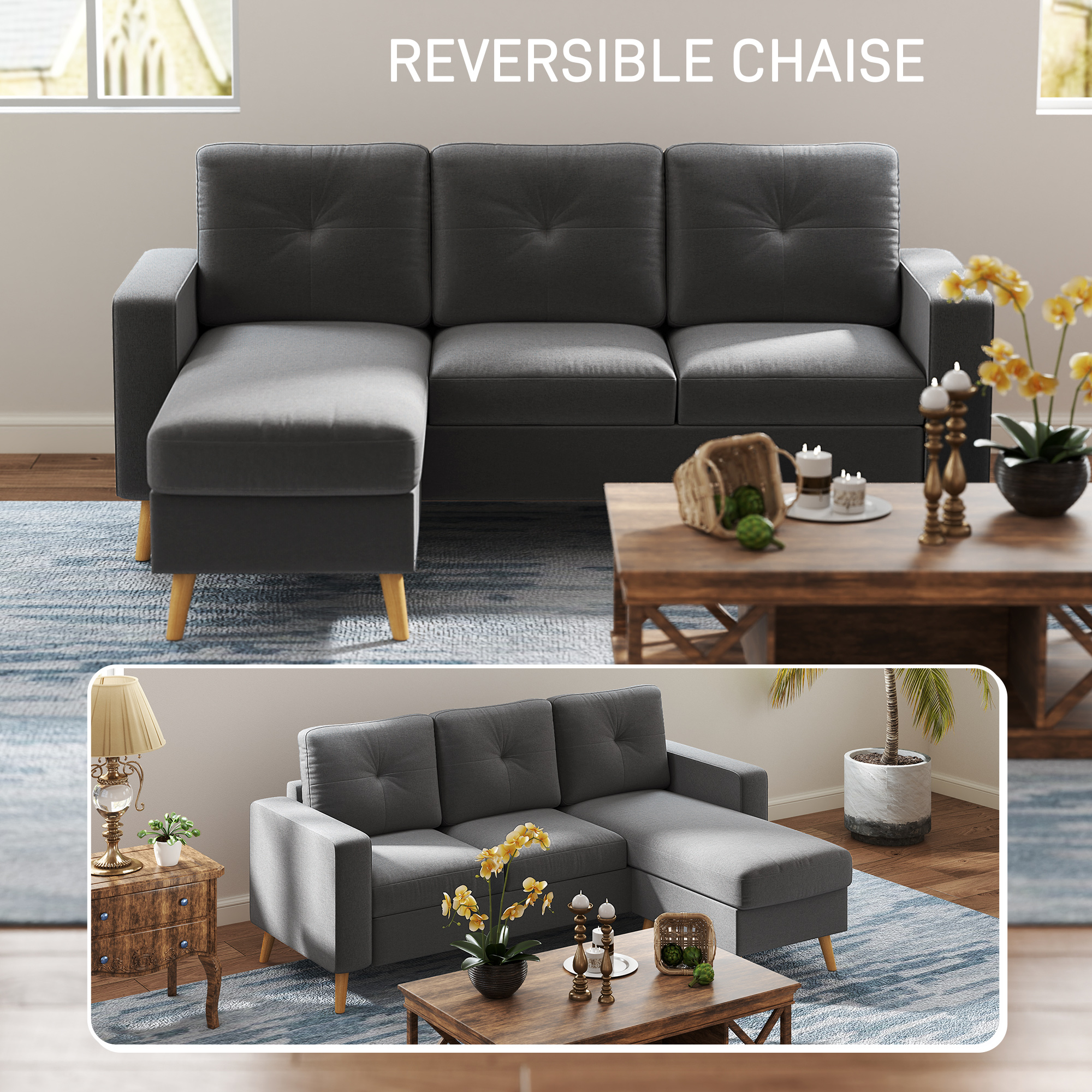 Sectional Sofa Couch, L Shaped Couch with Reversible Chaise, Wooden Legs for Living Room, Bedroom, Dark Grey - Image 2