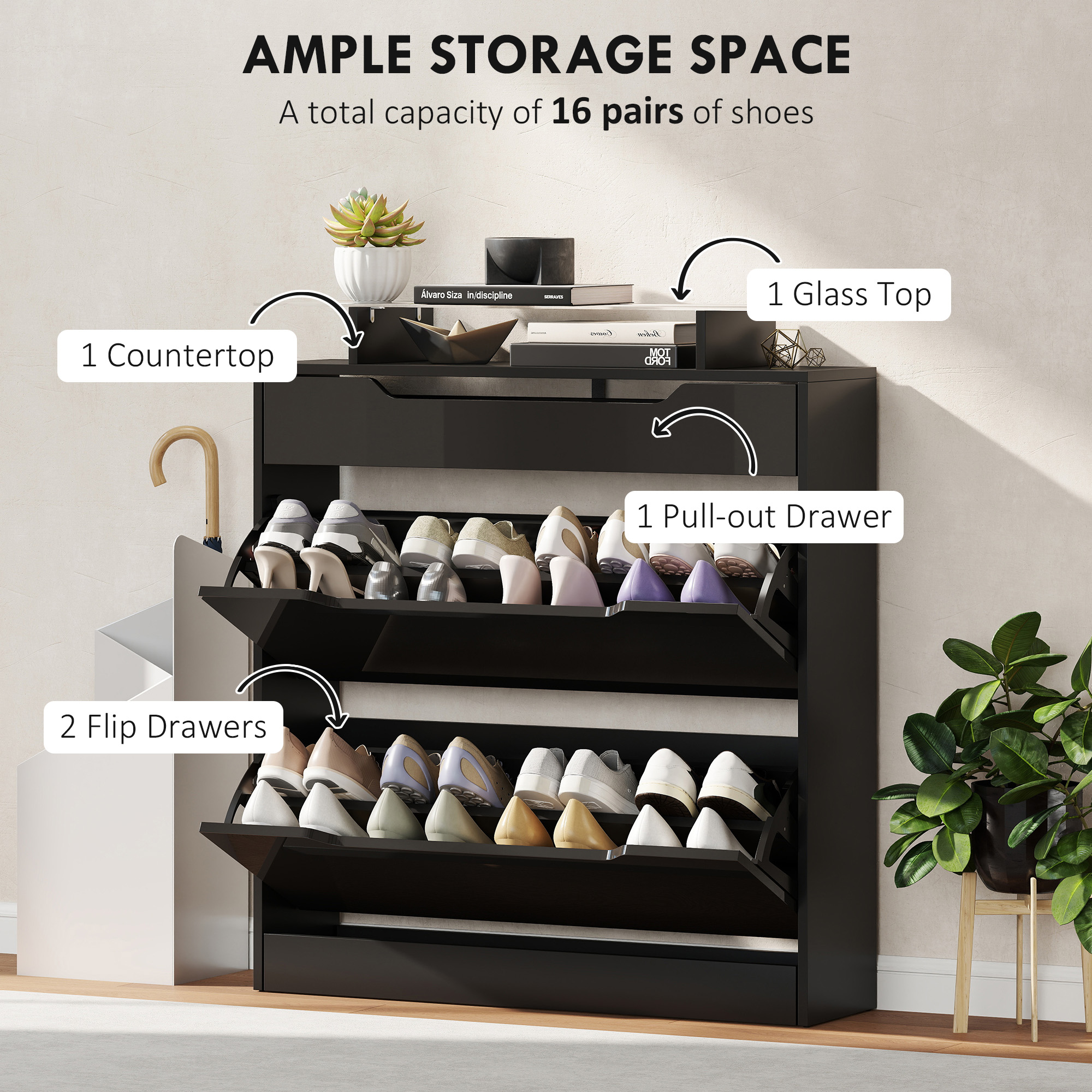 High Gloss Shoe Cabinet with 2 Flip Drawers and Adjustable Shelves, Narrow Shoe Storage Cabinet with Glass Top, Black - Image 2