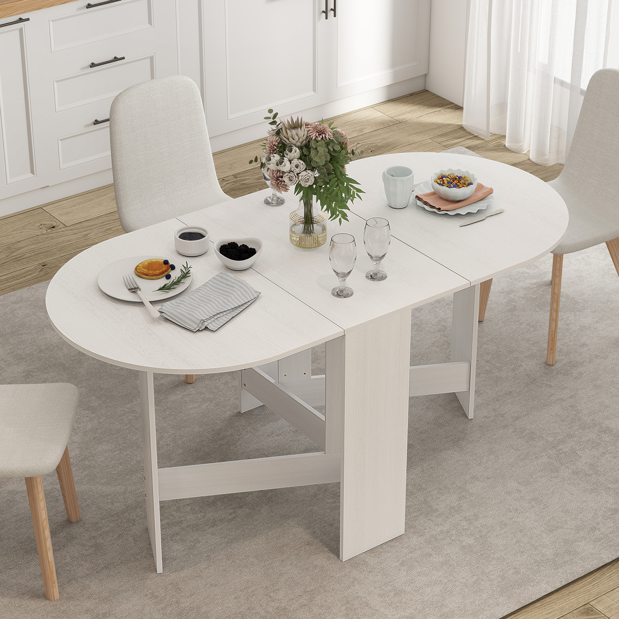 Oval Folding Dining Table, Space Saving Drop Leaf Kitchen Table for Dining Room, Living Room, Distressed White - Image 6
