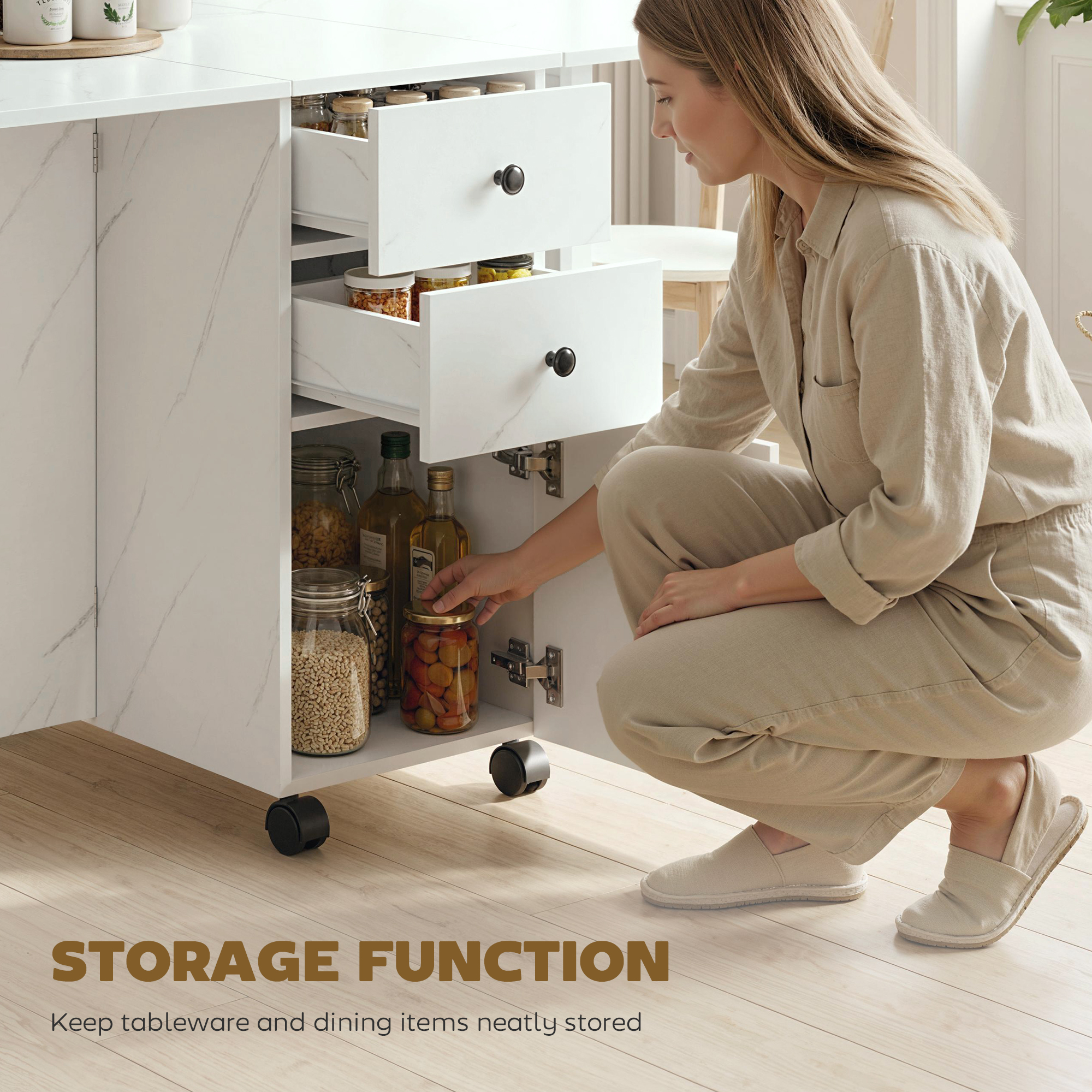 Drop Leaf Dining Table, Mobile Folding Table on Wheels with Drawers and Cabinet for Dining Room, Kitchen, Marble White - Image 3