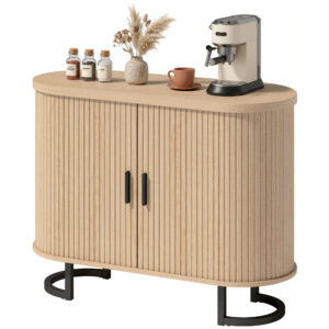 Sideboard Buffet Cabinet with Curved Tambour Doors, Thick Tabletop and Arc Metal Legs Natural Wood