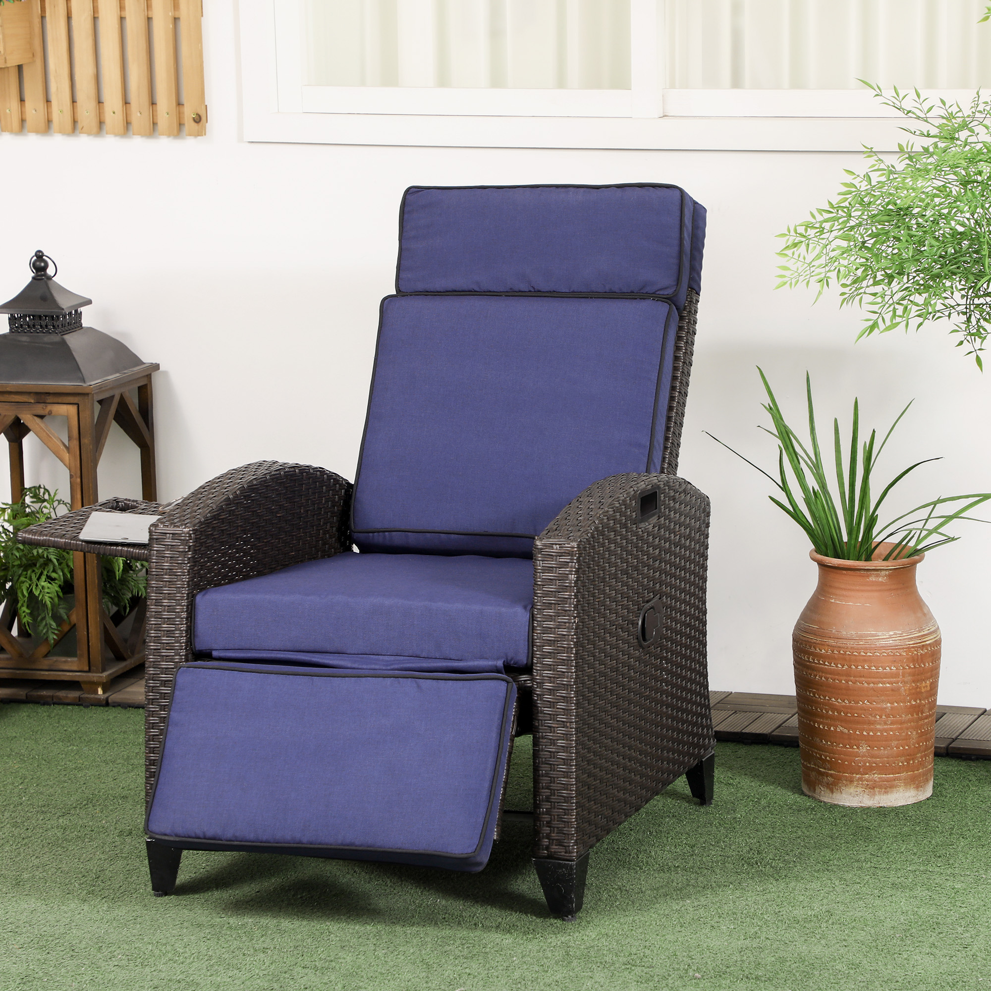 Outdoor Recliner Chair with Adjustable Backrest, Cushion, Side Tray, Blue - Image 6