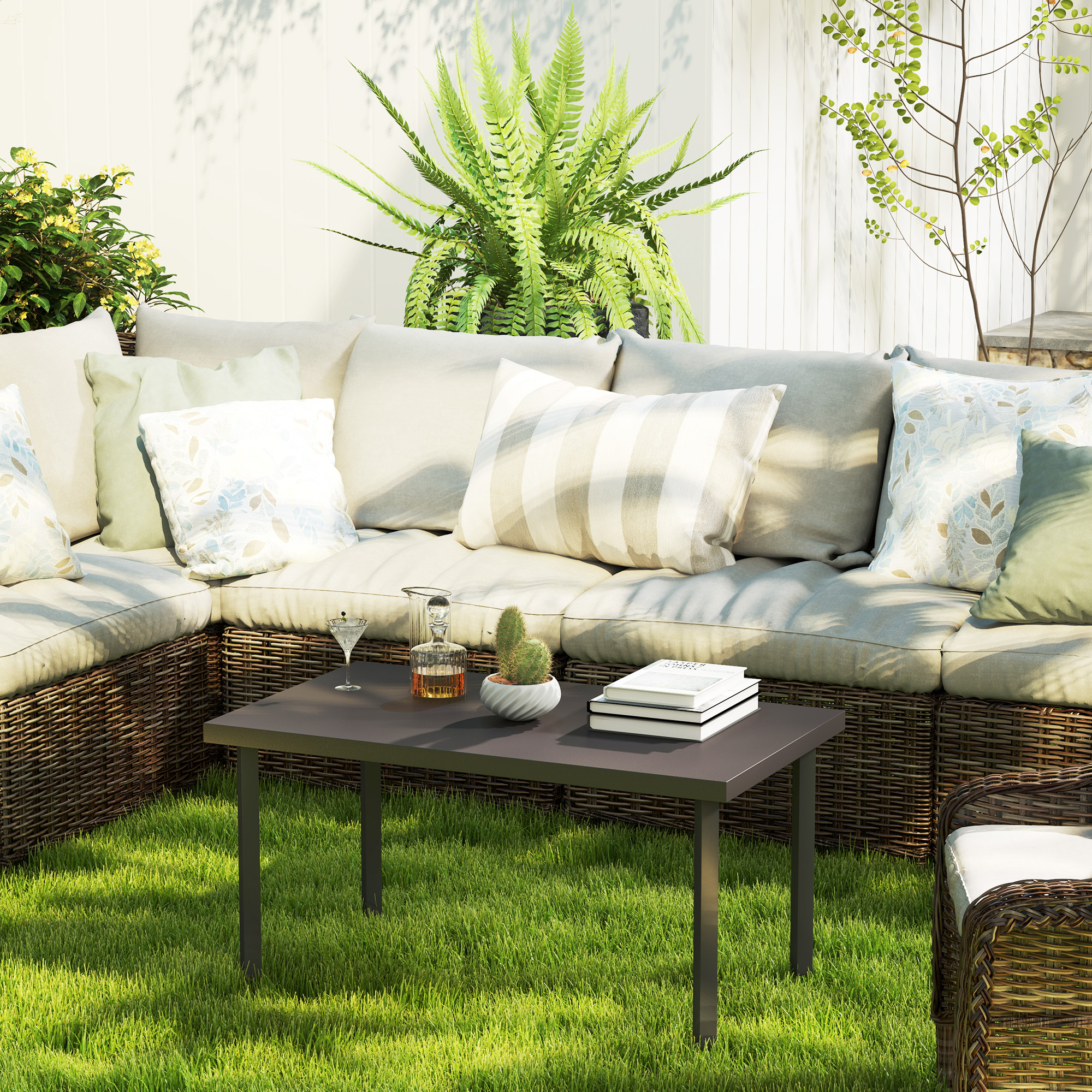 Metal Outdoor Side Table, Rectangle Patio Coffee Table with Woodgrain Tabletop for Outside Garden, Brown - Image 5