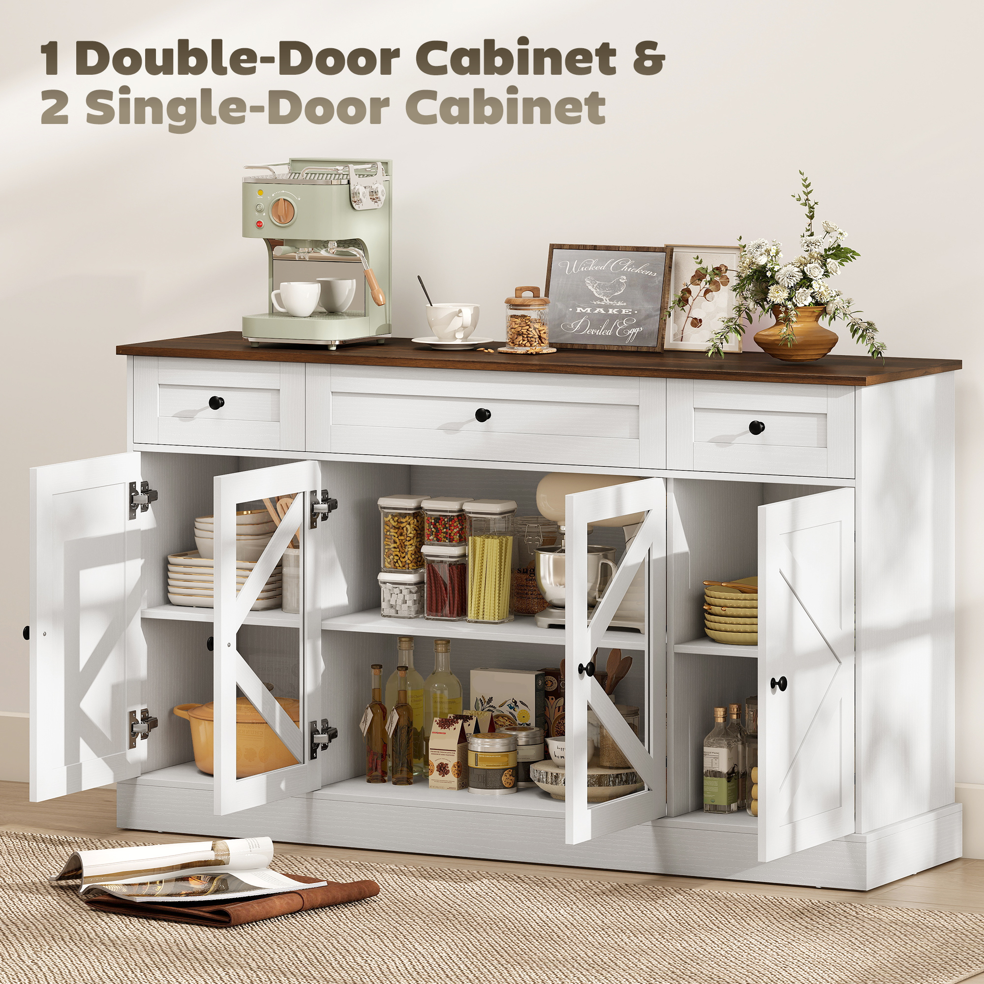 Sideboard Buffet Cabinet, 54" Farmhouse Kitchen Storage Cabinet with Acrylic Barn Doors and 3 Drawers, White Wood Grain - Image 2