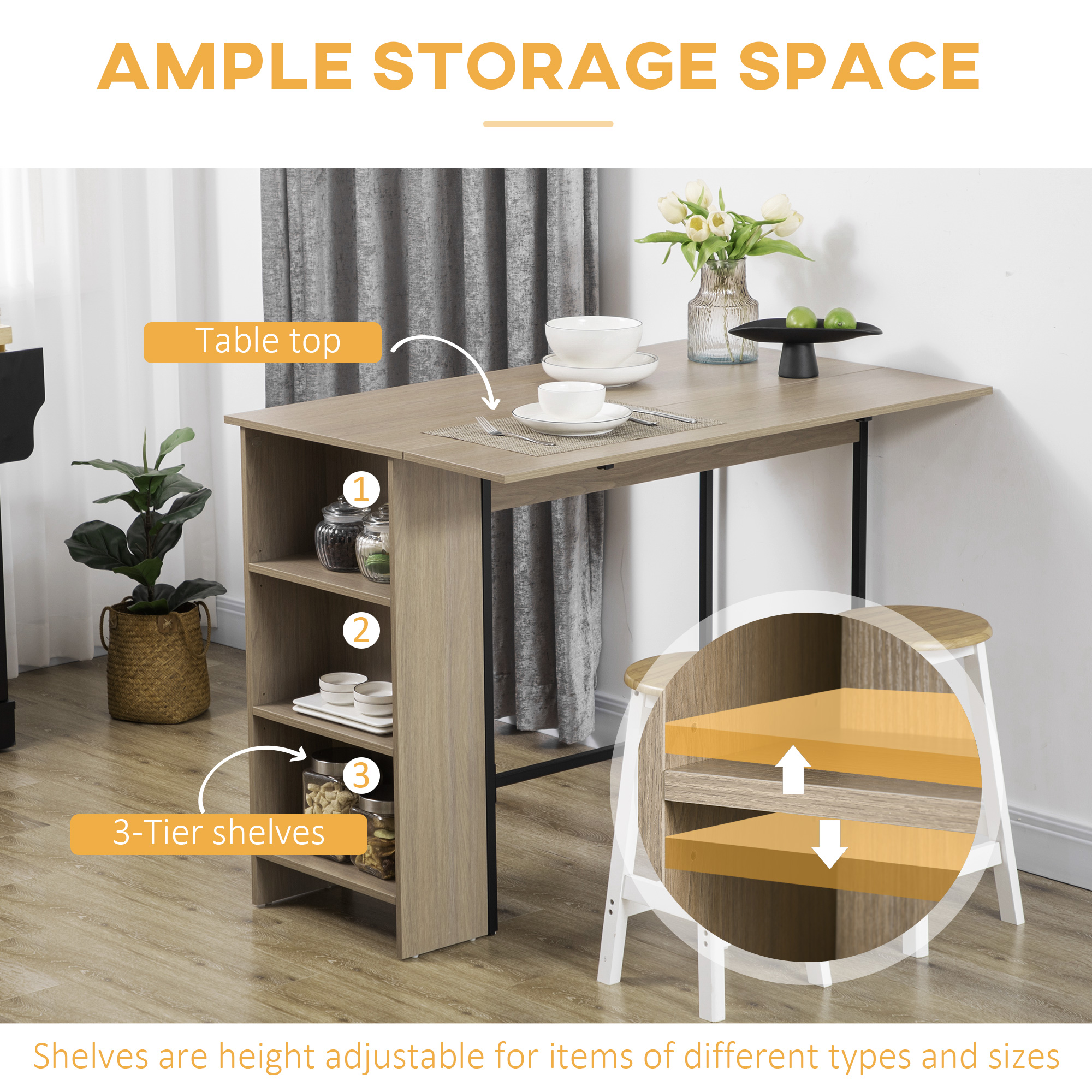 Counter Height Table with Drop Leaf, Extendable Bar Table with Adjustable Storage Shelf, Light Grey - Image 3