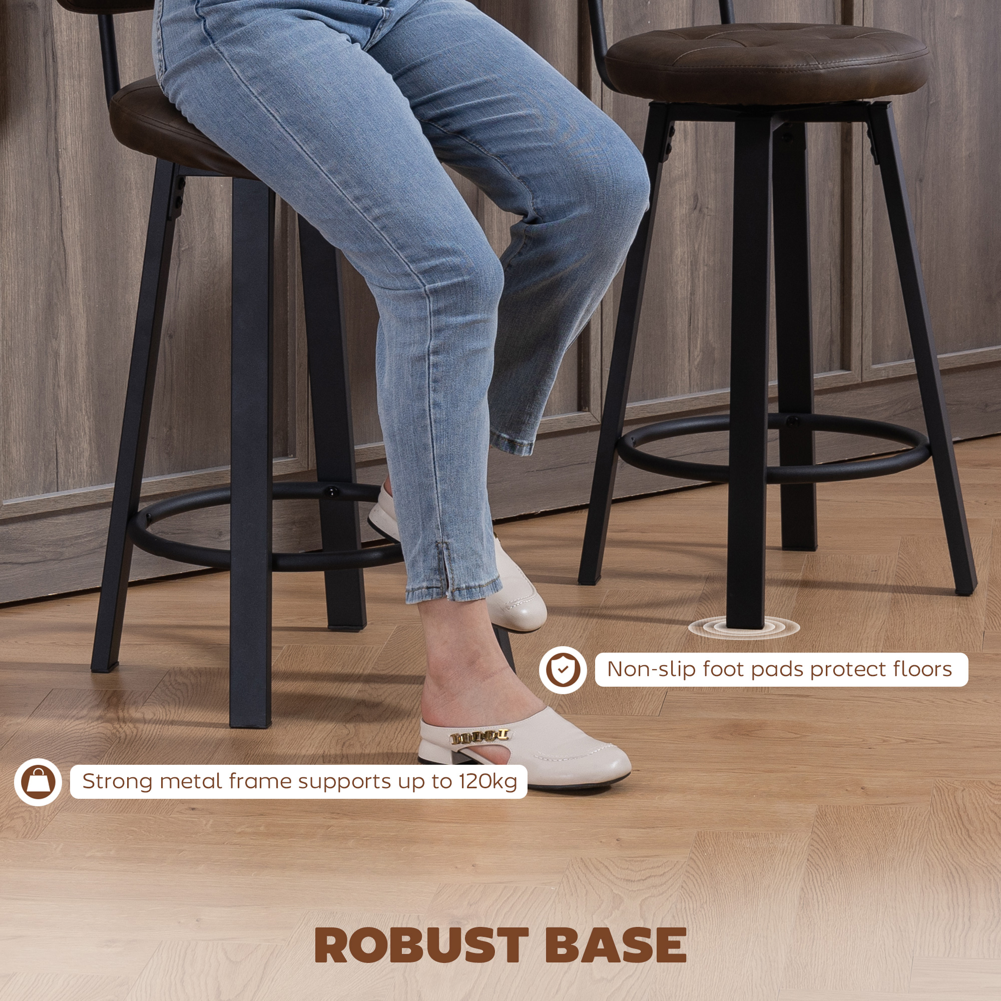 Bar Stools Set of 2, Upholstered Breakfast Bar Chairs with Footrest and Backrest for Kitchen Counter, Brown - Image 5