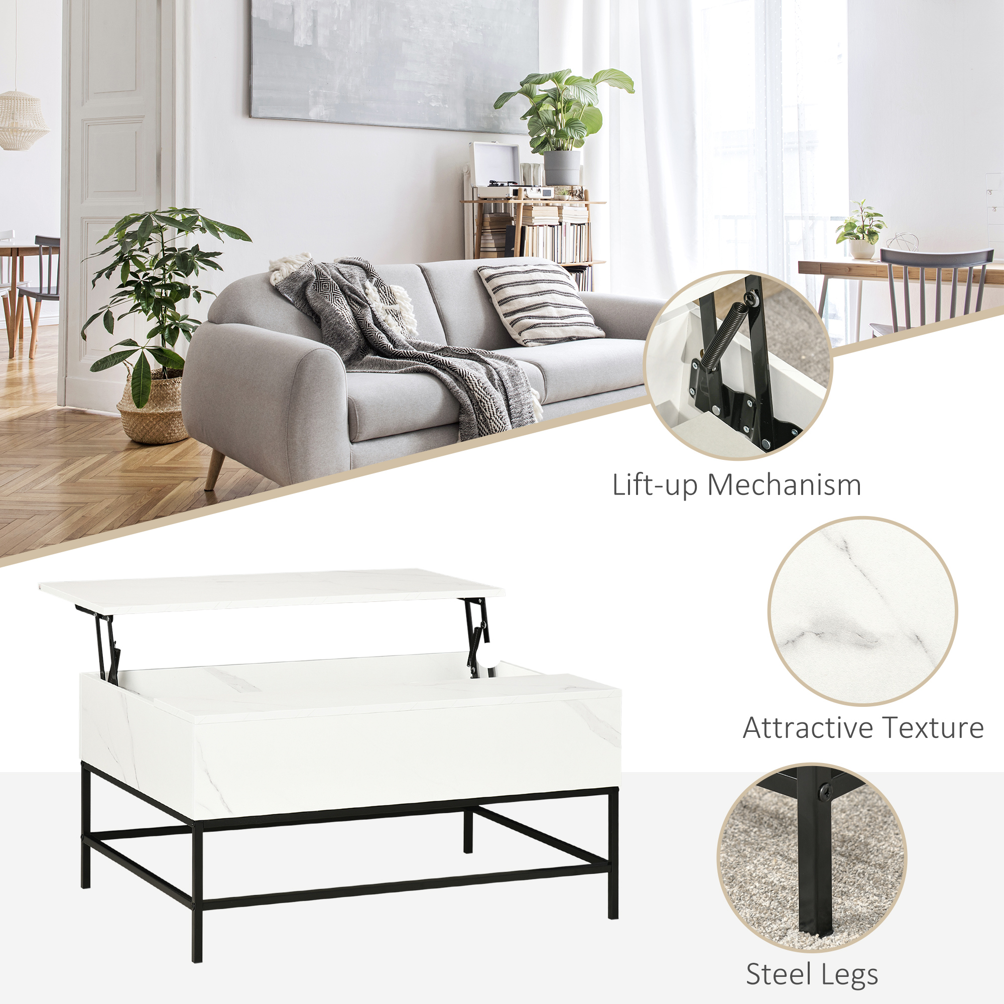 Lift Top Coffee Table with Hidden Storage Compartment Lift Tabletop Center Table for Living Room, White - Image 4