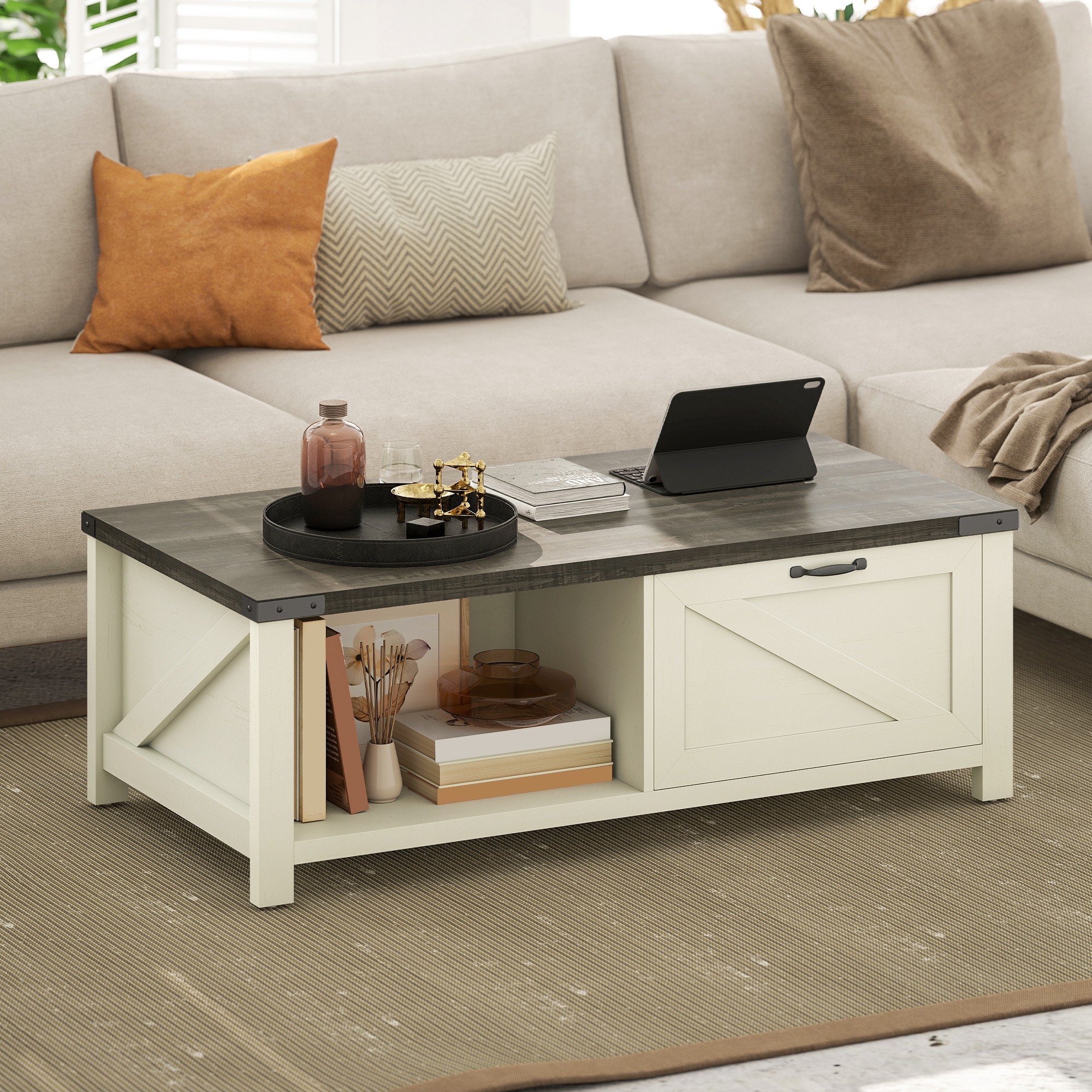 Farmhouse Coffee Table with Drawer, Open Storage Shelf for Living Room, Dining Room, Office, Distressed White - Image 4