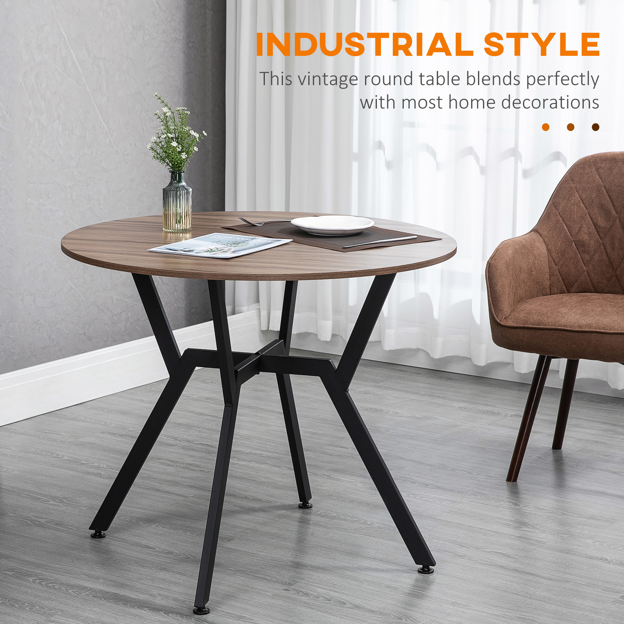 35" Round Dining Table, Modern Dining Room Table with Steel Frame, Space Saving Small Kitchen Table, Brown - Image 2