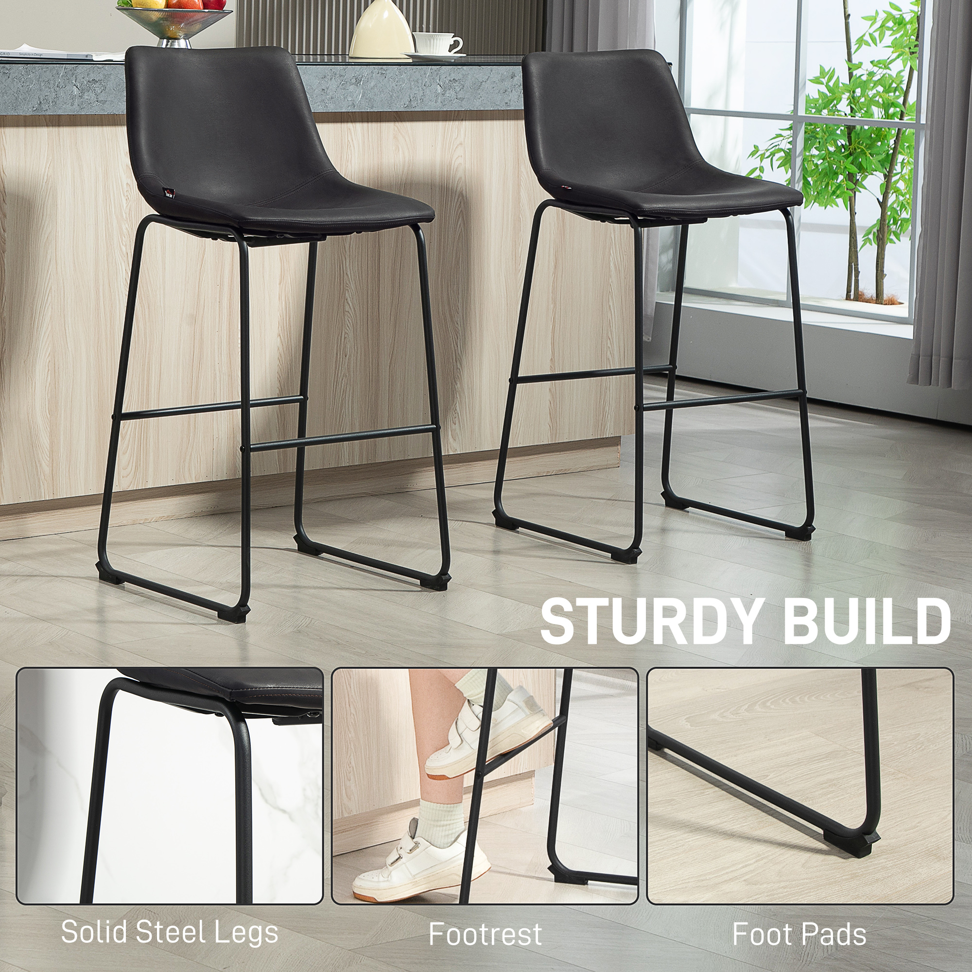 Counter Height Bar Stools Set of 2, Vintage PU Leather Bar Chairs, Kitchen Stool with Footrest, Dark Brown - Image 3