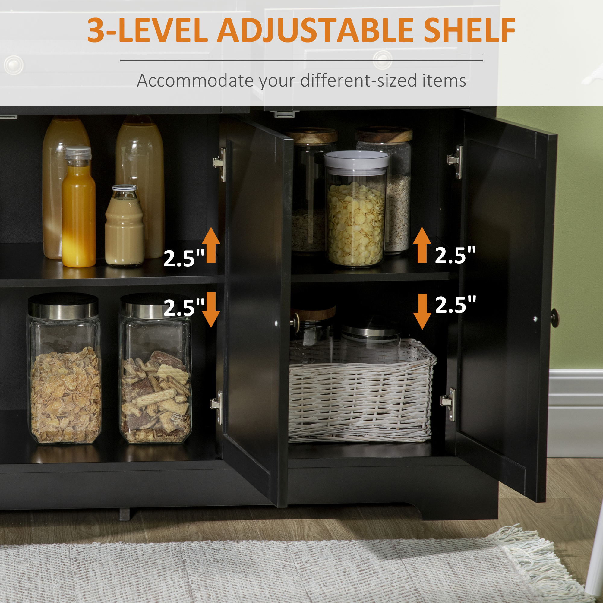 Modern Sideboard Cabinet, Buffet Cabinet with 2 Drawers and Adjustable Shelves, Buffets Tables for Dining Room, Black - Image 3