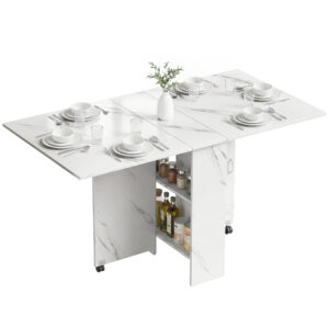 Extendable Dining Table, Collapsible Folding Table with 2-tier Shelves and Rolling Casters, Marble White