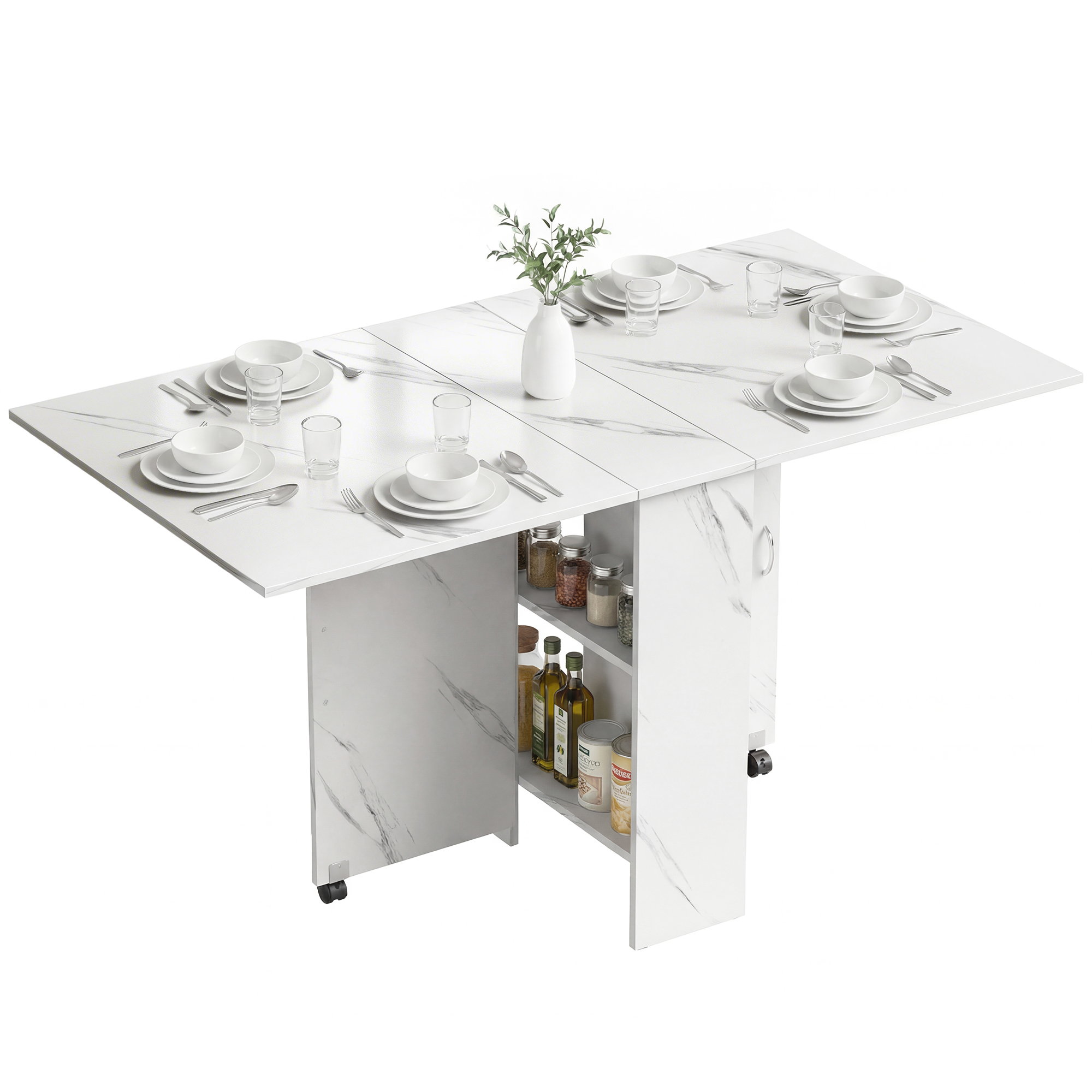 Extendable Dining Table, Collapsible Folding Table with 2-tier Shelves and Rolling Casters, Marble White