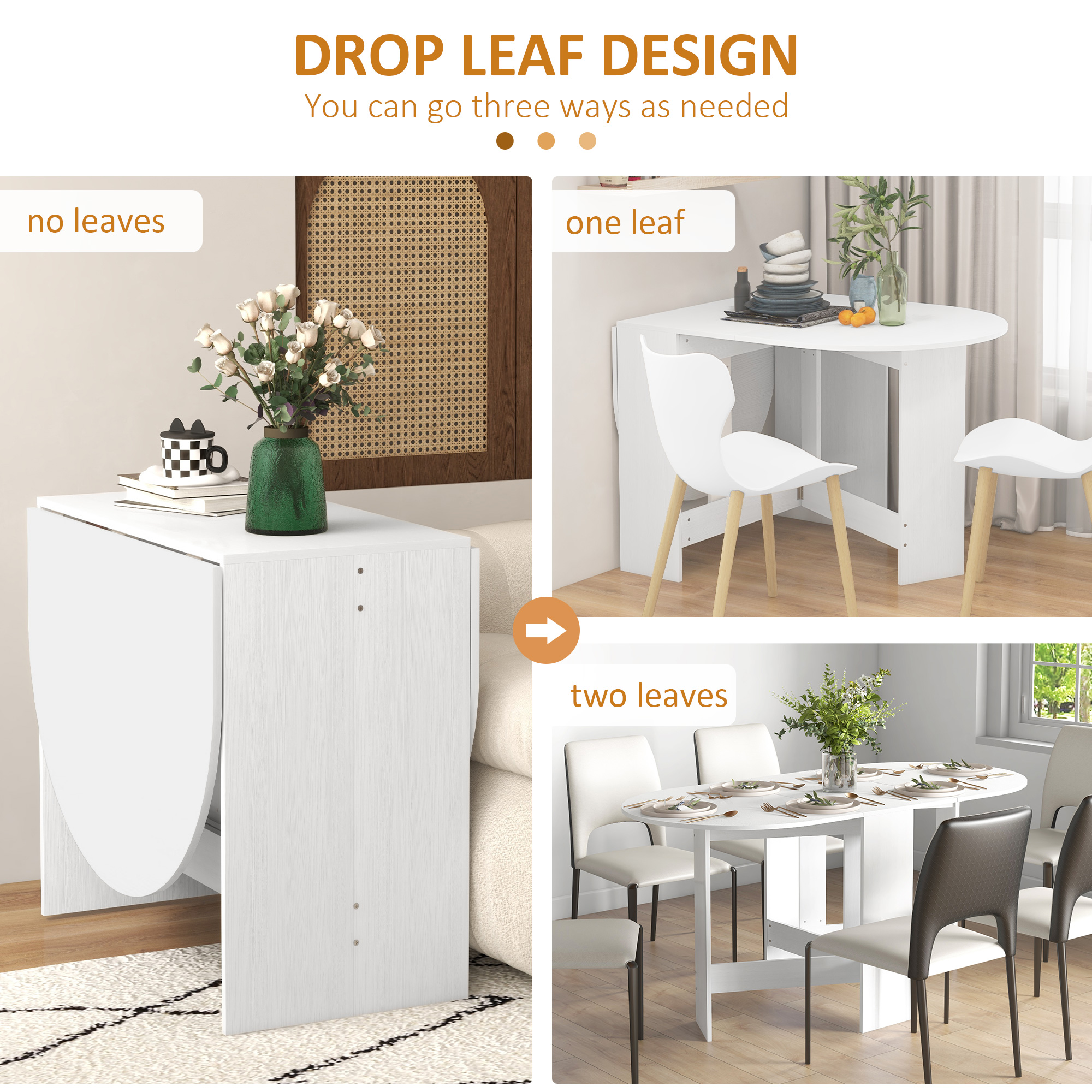 Oval Folding Dining Table, Space Saving Drop Leaf Kitchen Table for Dining Room, Living Room, Distressed White - Image 2