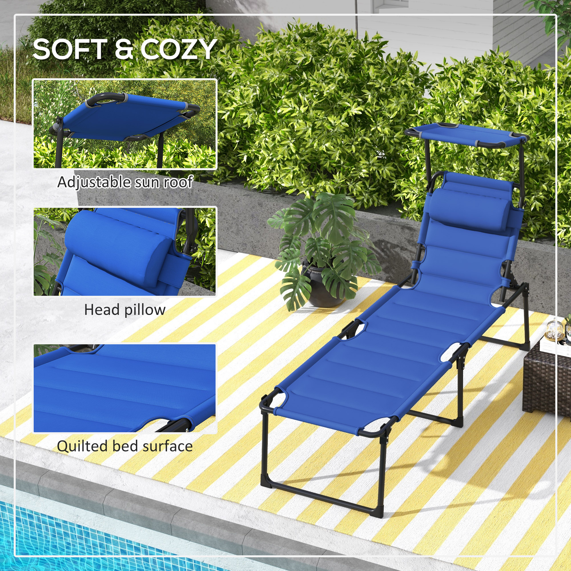 Folding Chaise Lounge with Adjustable Sunroof, Outdoor Quick Dry Padded Tanning Chairs with Headrest, Reclining Back Outdoor Lounge Chair, for Beach, Yard, Patio, Blue - Image 4