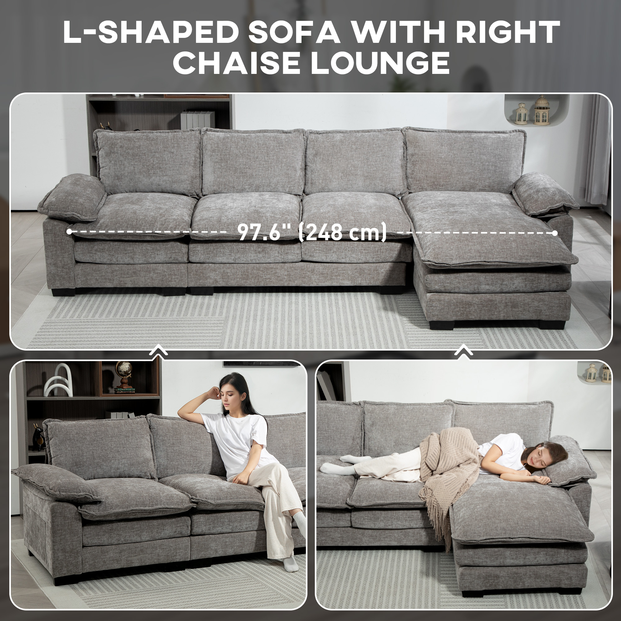 Sofa Couch with Chaise Lounge, Chenille L-shaped Couch with Double-layer Seat Cushion for Living Room, Grey - Image 2