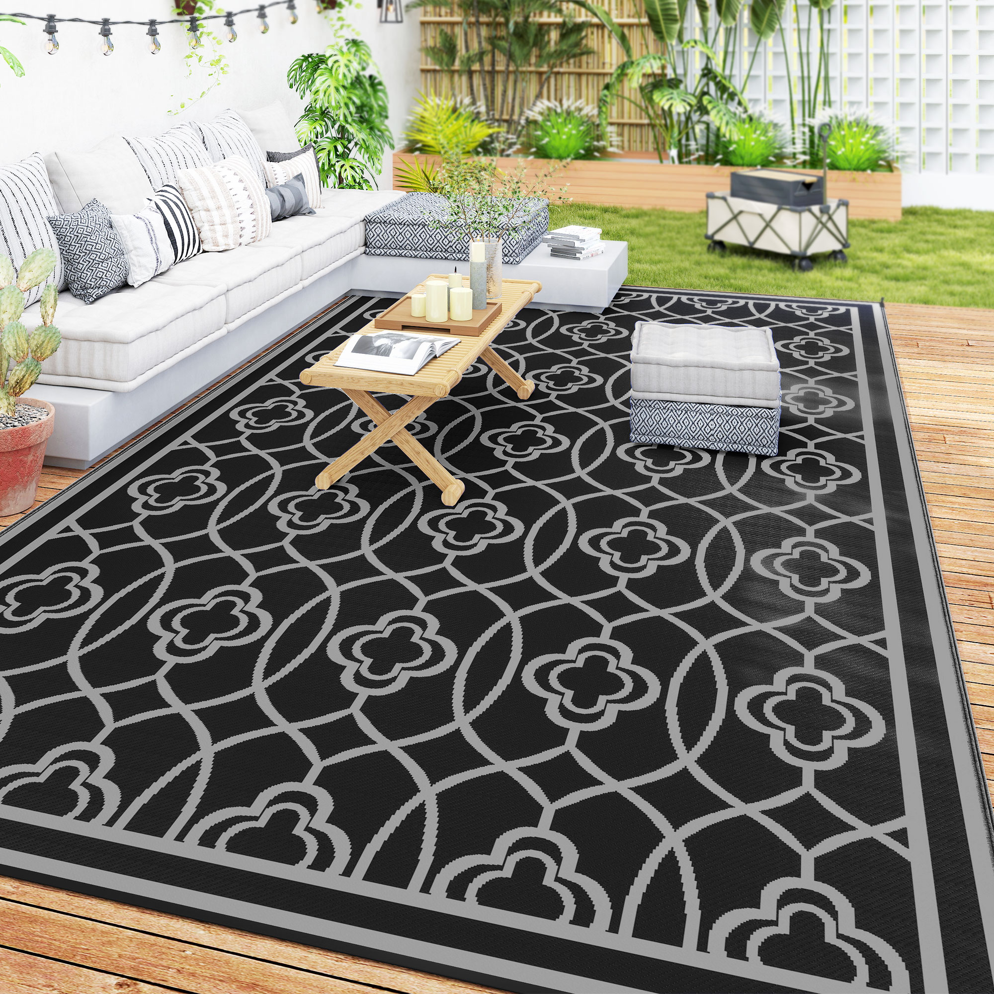 9' x 18' Outdoor RV Rug, Reversible Patio Floor Mat with Carry Bag, Lantern, Black and Grey - Image 6