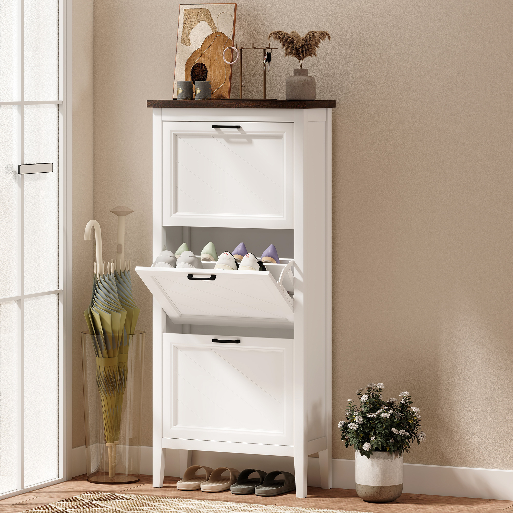 Shoe Cabinet with 3 Flip Drawers, Farmhouse Narrow Shoe Storage Cabinet with Adjustable Shelves, White - Image 6