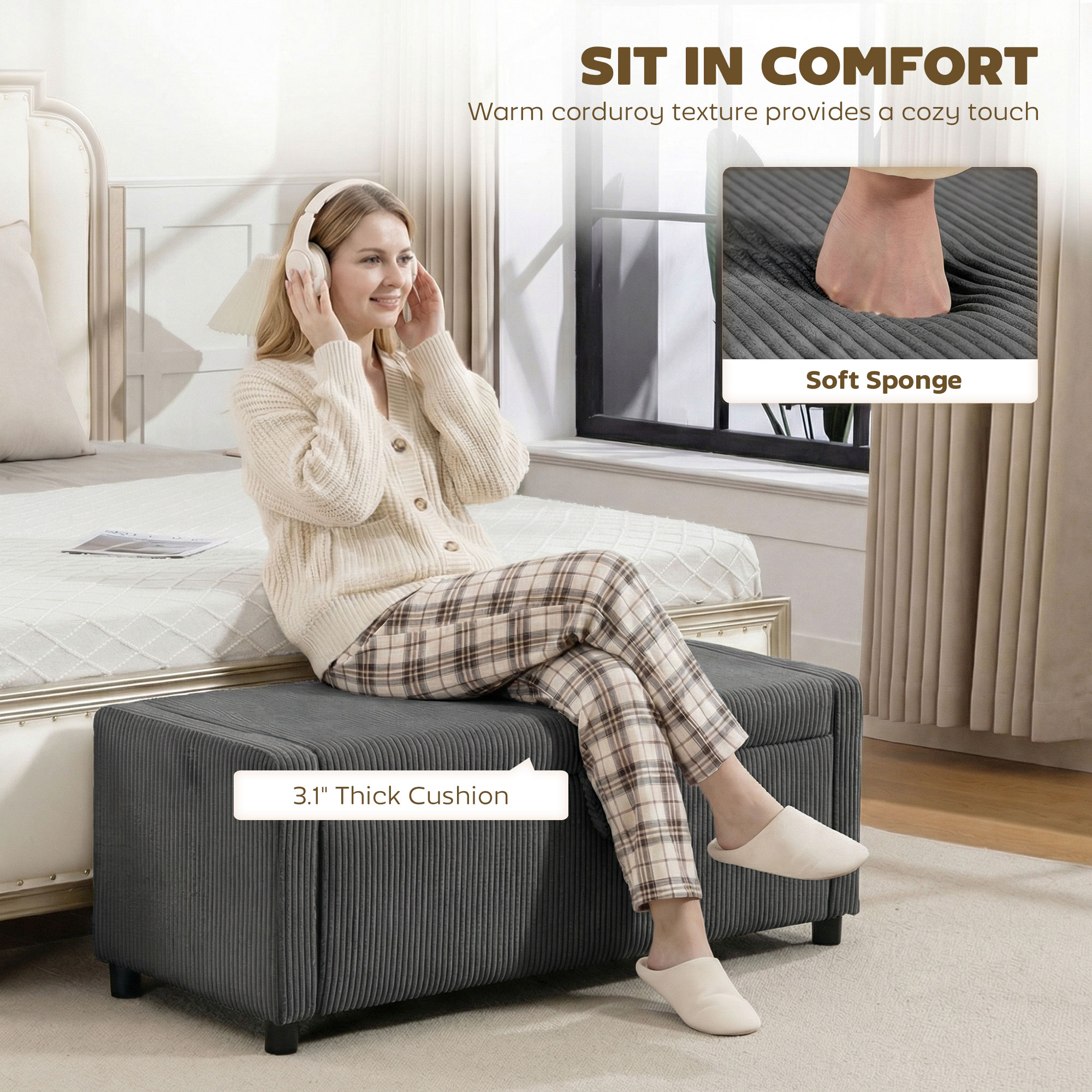 Storage Ottoman, Upholstered Corduroy End of Bed Bench with Thick Padding, Storage Bench for Bedroom, Dark Grey - Image 3