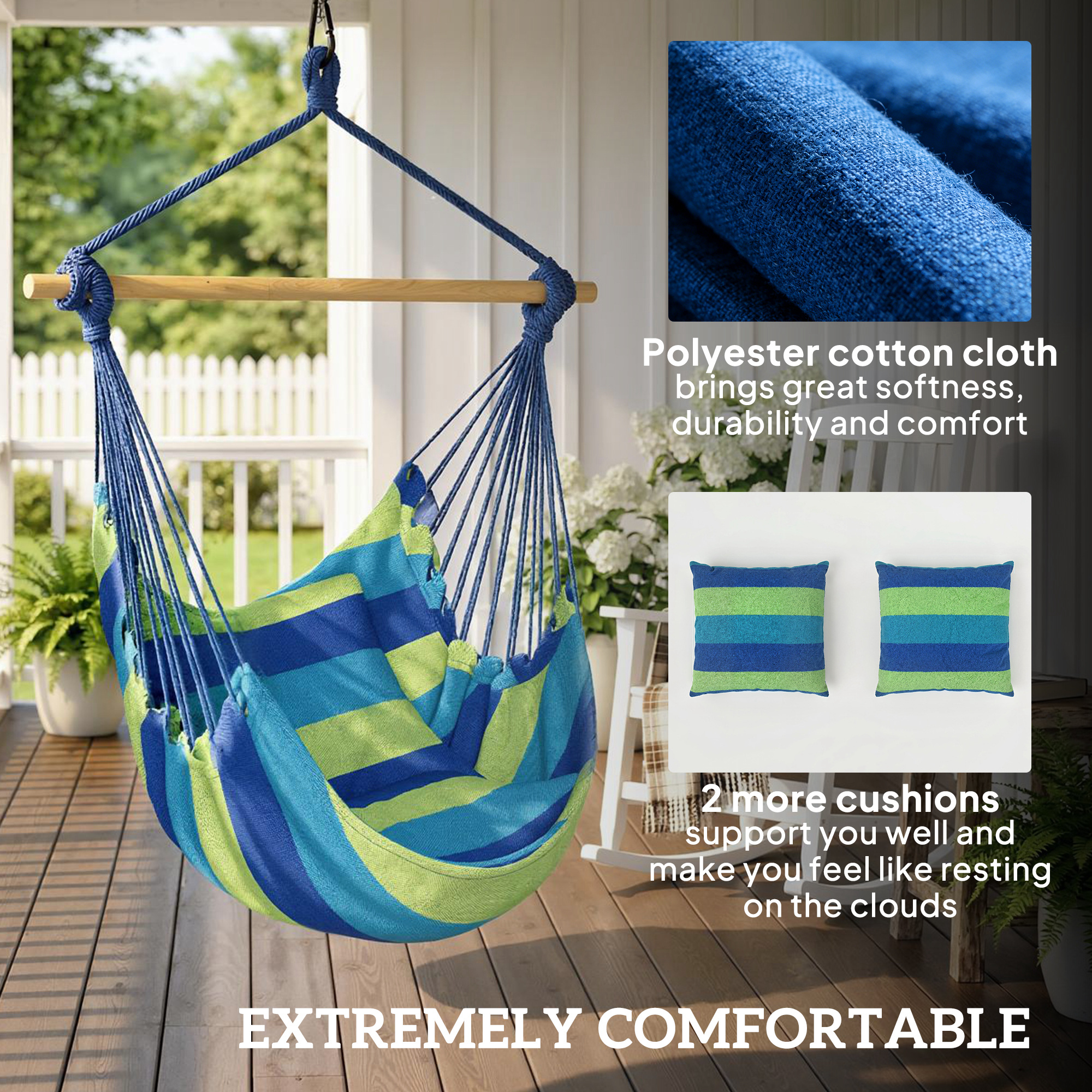 Hammock Chair Swing Hanging Macrame Chair w/ Two Soft Seat Cushions, Blue and Green - Image 2