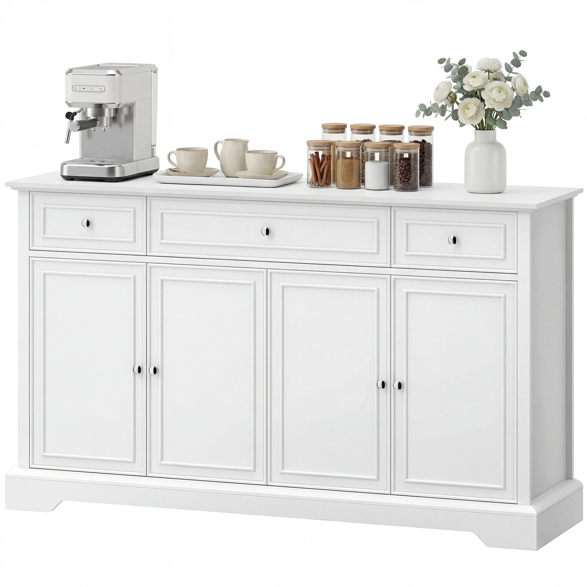 Sideboard Buffet Cabinet, 54" Kitchen Storage Cabinet with Soft-Close Doors, 3 Drawers and 2 Adjustable Shelves, White