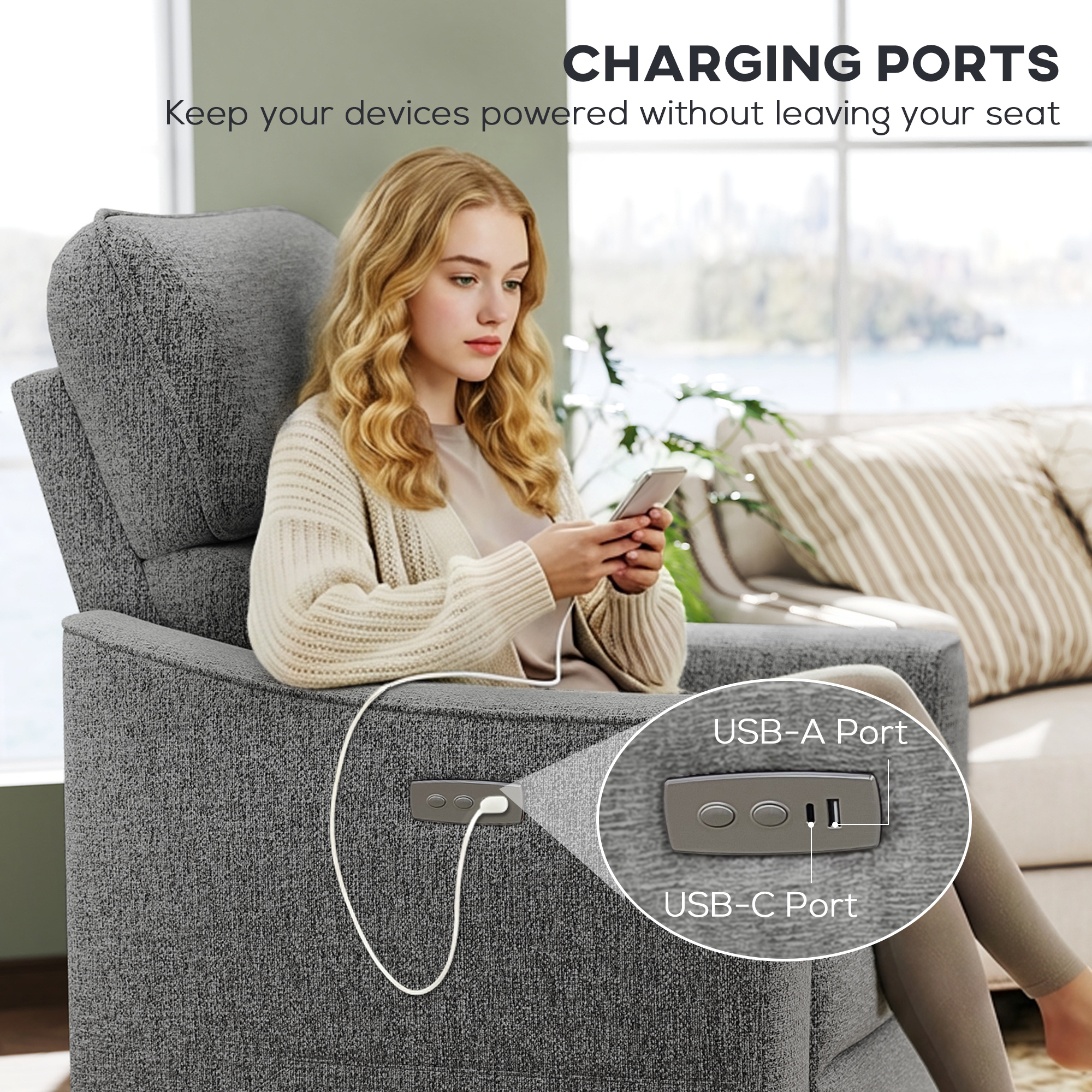 Power Recliner Chair, Chenille Upholstered Recliner Chair with USB Ports, Footrest, Dark Grey - Image 4