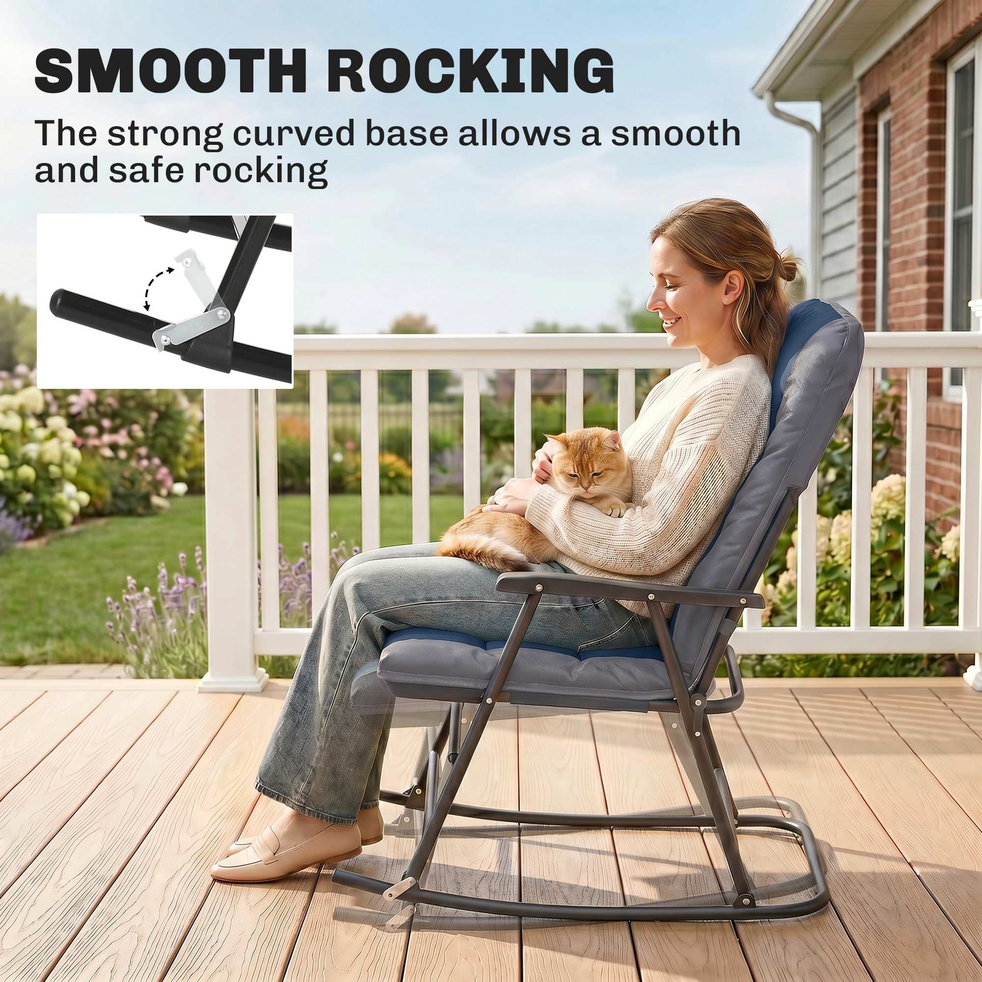 Folding Rocking Chair Set of 2 Padded Rockers with Armrest, Navy Blue - Image 6