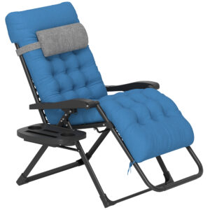 Padded Folding Recliner Chair, Patio Lounger with Cupholder, Adjustable Backrest, Removable Cushion, Navy Blue