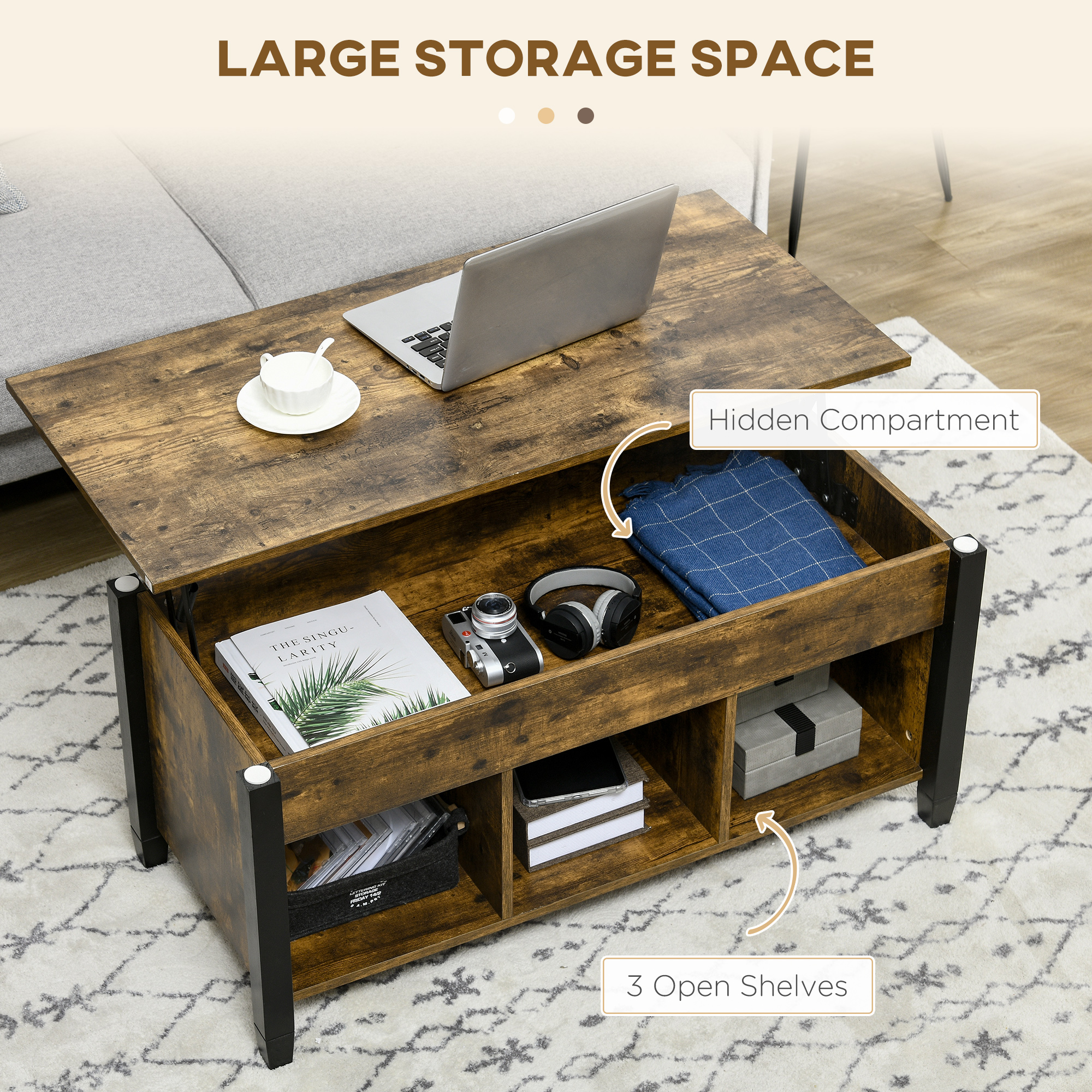 Lift Top Coffee Table, Modern Center Table with Storage Shelves and Hidden Compartment for Living Room, 41" L - Image 3