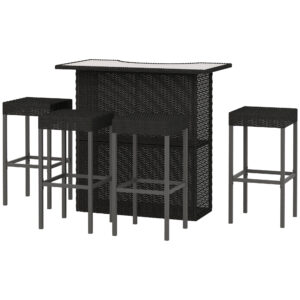 5 Pieces Patio Bar Set, Outdoor PE Rattan Wicker High Top Outdoor Table and Chairs Outdoor Bar Set with Tempered Glass Top Bar Table and Shelves, 4 Bar Chairs, Black