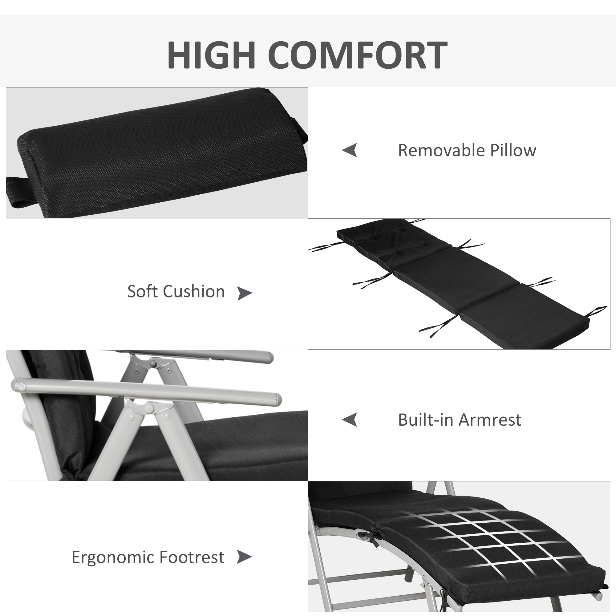Outdoor Folding Chaise Lounge Chair Recliner with Portable Design, Adjustable Backrest, Cushion and Headrest, Black - Image 3
