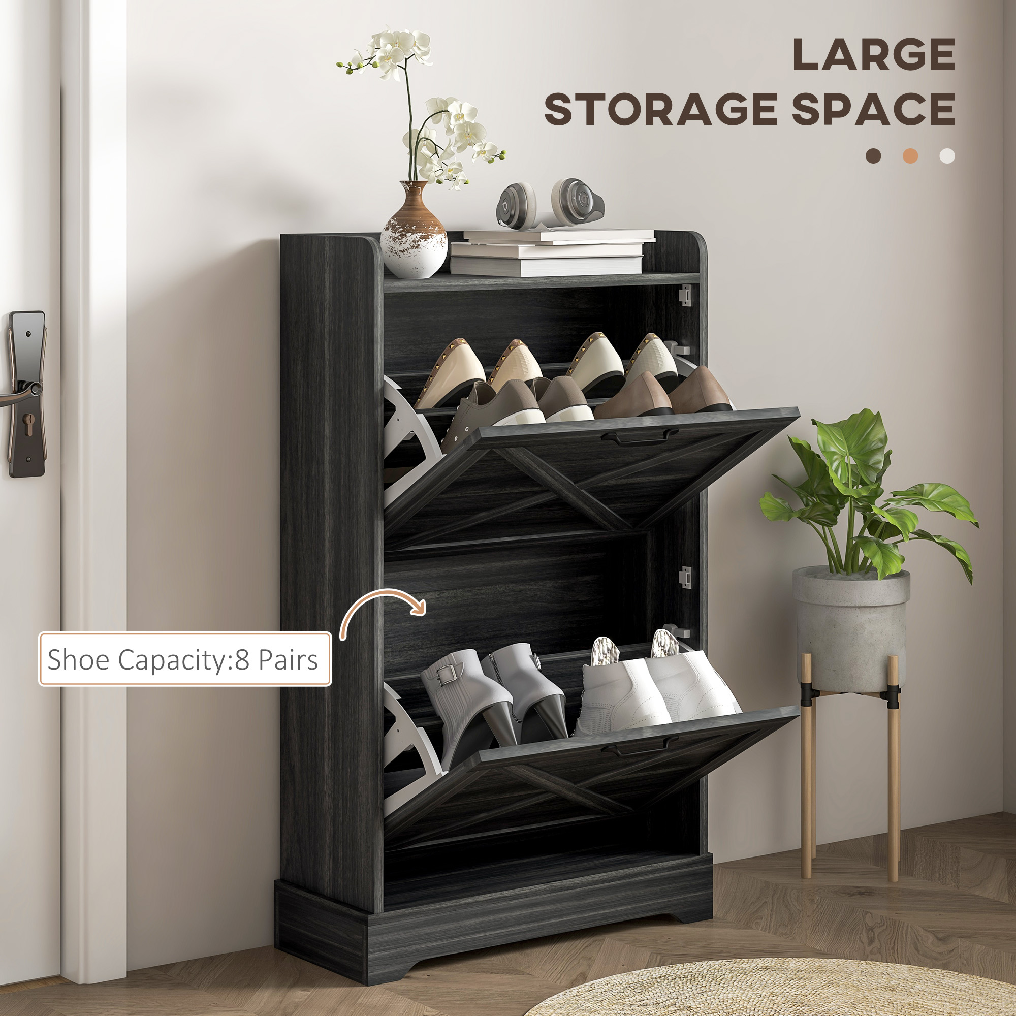 Slim Shoe Storage Cabinet, Farmhouse Shoe Cabinet with 2 Flip Drawers, Adjustable Shelves for 8 Pairs, Distressed Grey - Image 3