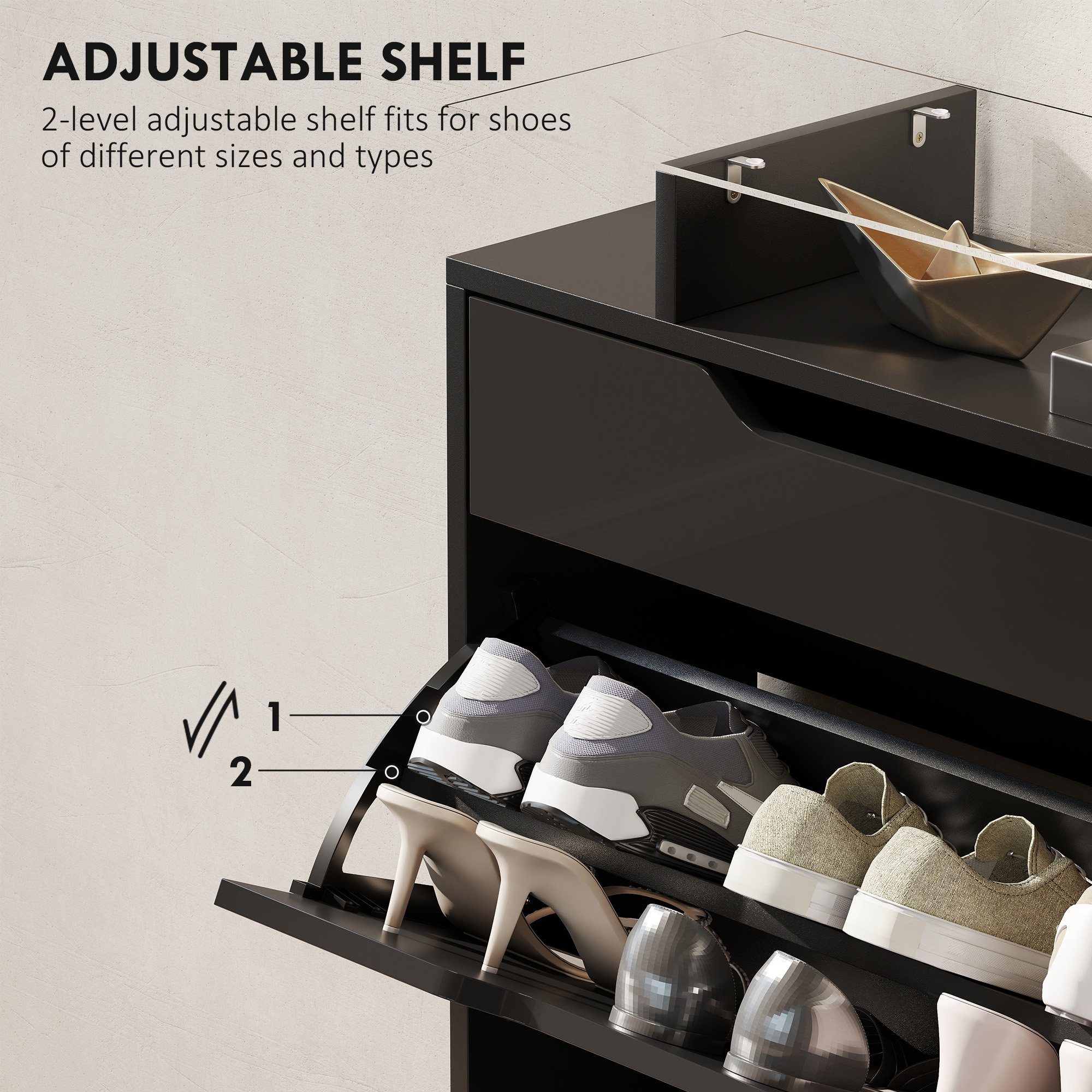High Gloss Shoe Cabinet with 2 Flip Drawers and Adjustable Shelves, Narrow Shoe Storage Cabinet with Glass Top, Black - Image 3