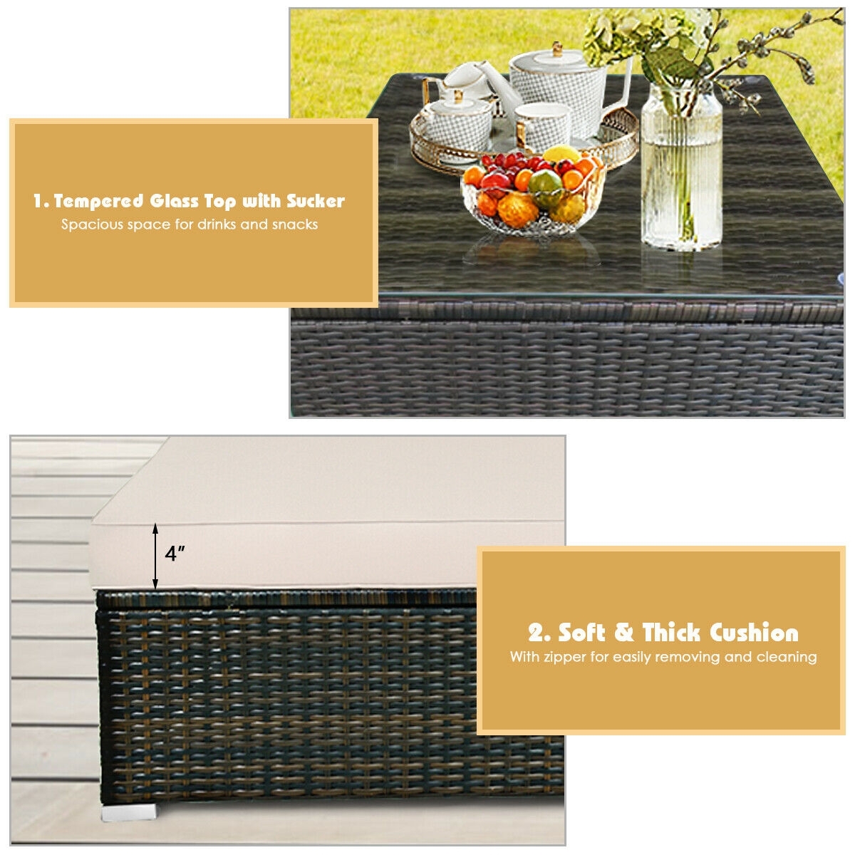 5 Pieces Outdoor Patio Rattan Furniture Set Sectional Conversation with Cushions-Beige - Image 7