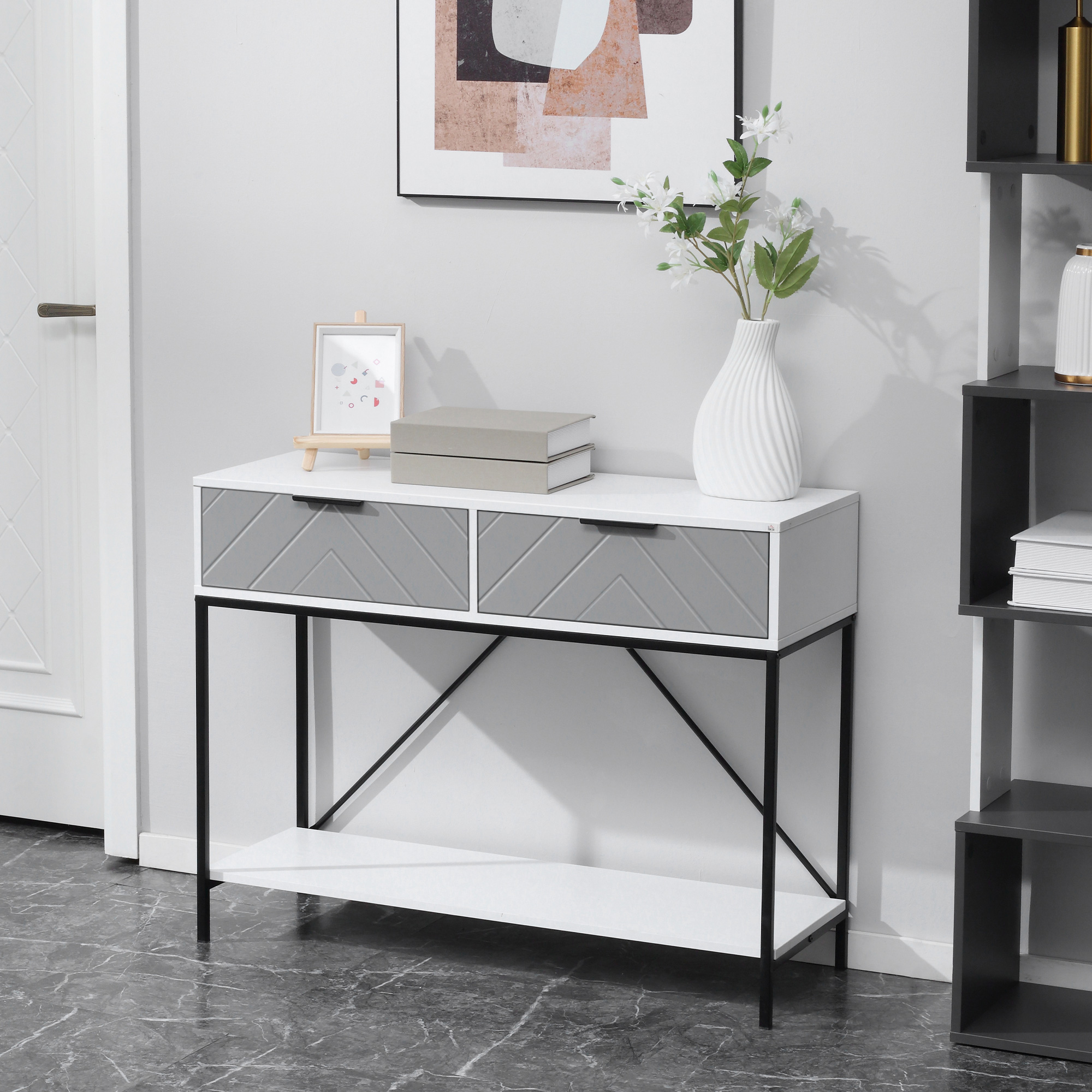 Modern Console Table with 2 Drawers, 2 Tier Entryway Table with storage Shelf, Narrow Sofa Table for Living Room, Hallway, White - Image 6