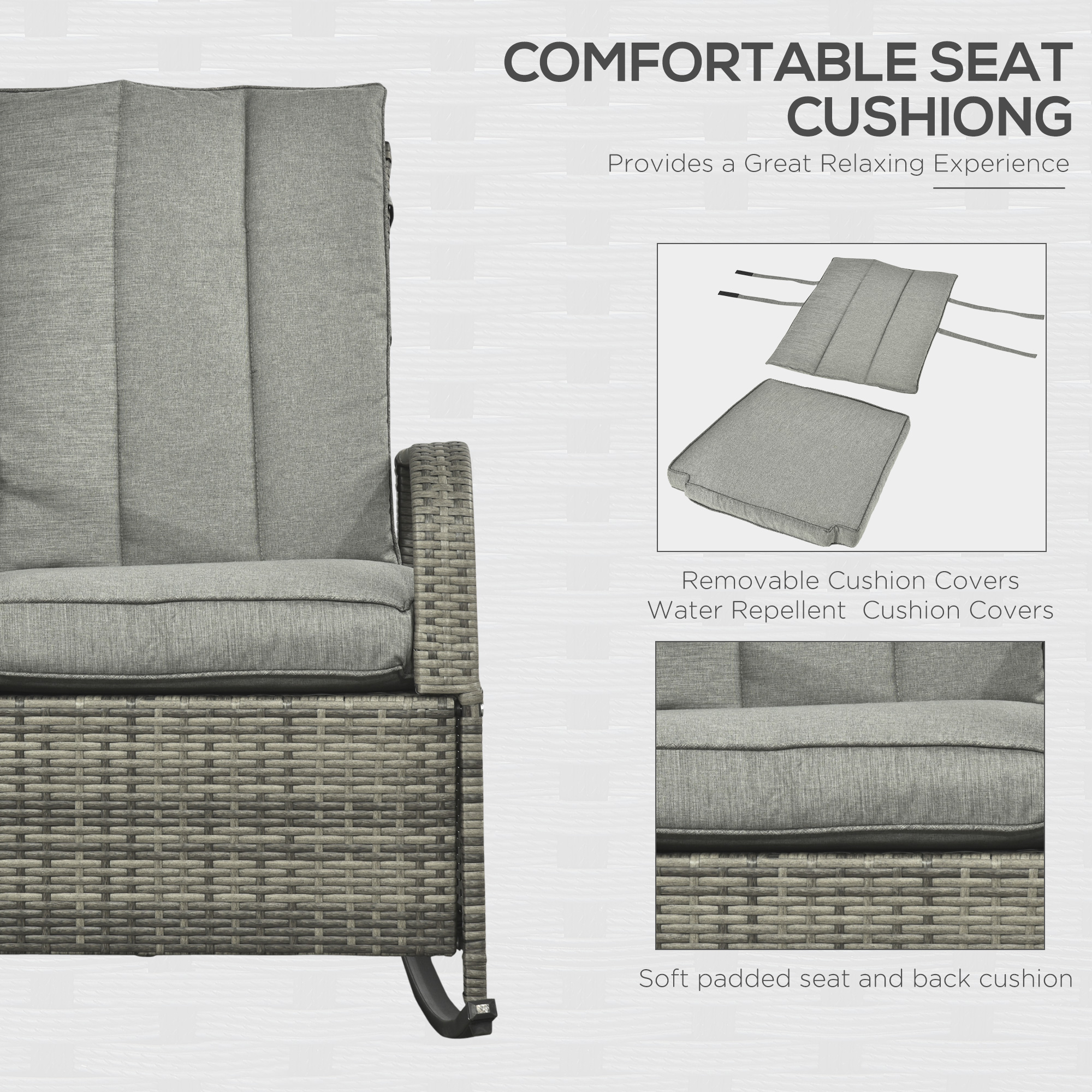 Outdoor Wicker Rocking Chair with Cushion, Patio PE Rattan Recliner Chair with Adjustable Footrest, Armrests, Mixed Grey - Image 4