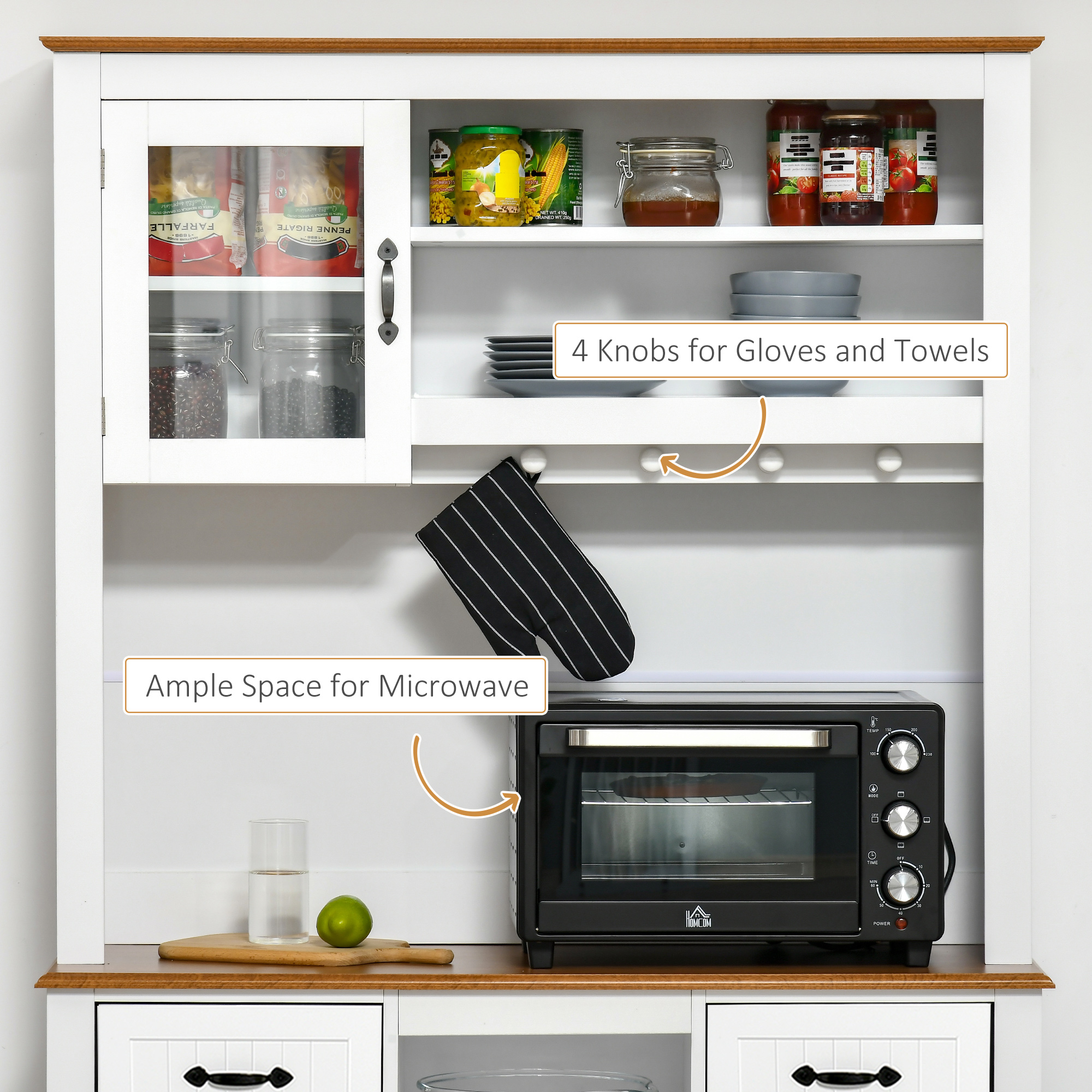71" Kitchen Buffet with Hutch, Farmhouse Style Storage Cupboard with Utility Drawer, 3 Door Cabinets and 5-tier Shelves, White - Image 3