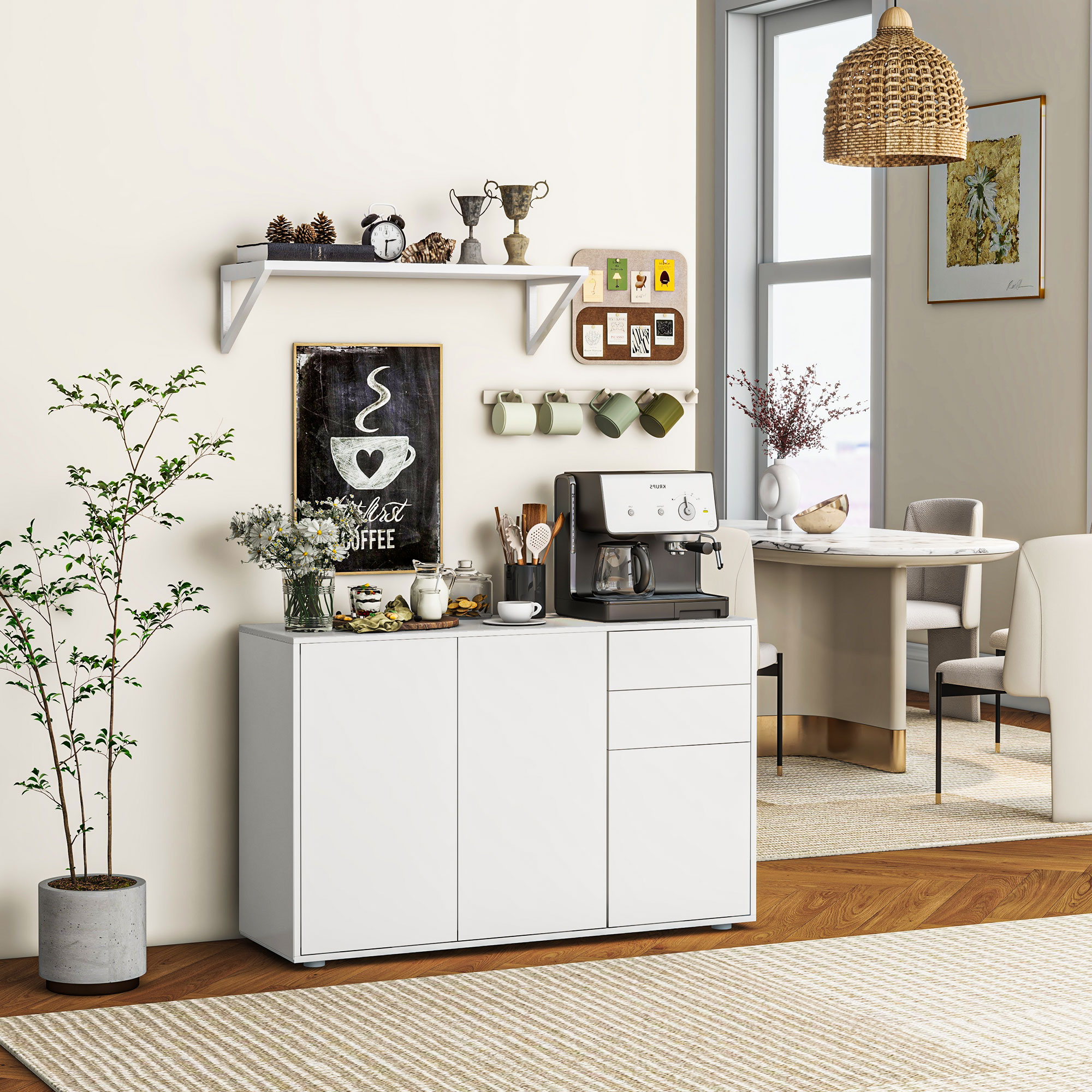 Kitchen Sideboard Storage Cabinet, Modern Coffee Bar with Push-Open Design and 2 Drawers for Living Room, White - Image 6