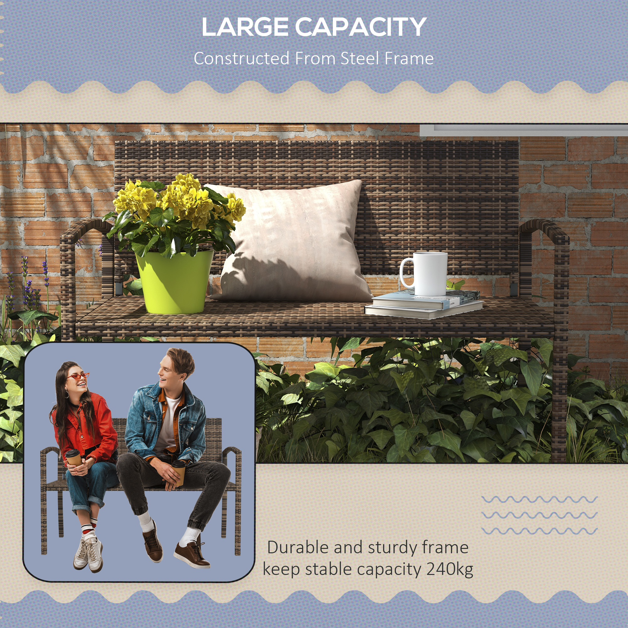Rattan Wicker Loveseat Garden Furniture Leisure Chair with Armrests Brown - Image 5
