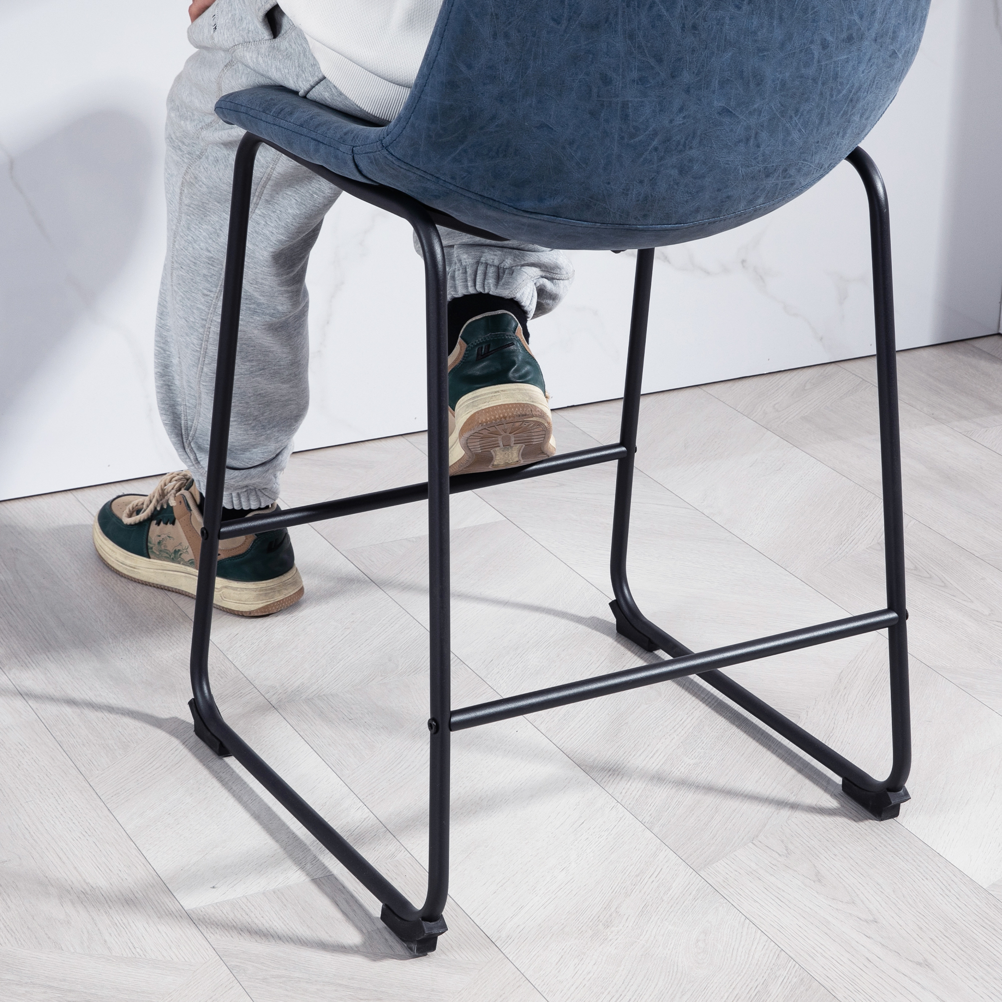 Counter Height Bar Stools Set of 2, Vintage PU Leather Bar Chairs, Kitchen Stools w/ Footrest for Home Bar, Blue - Image 5