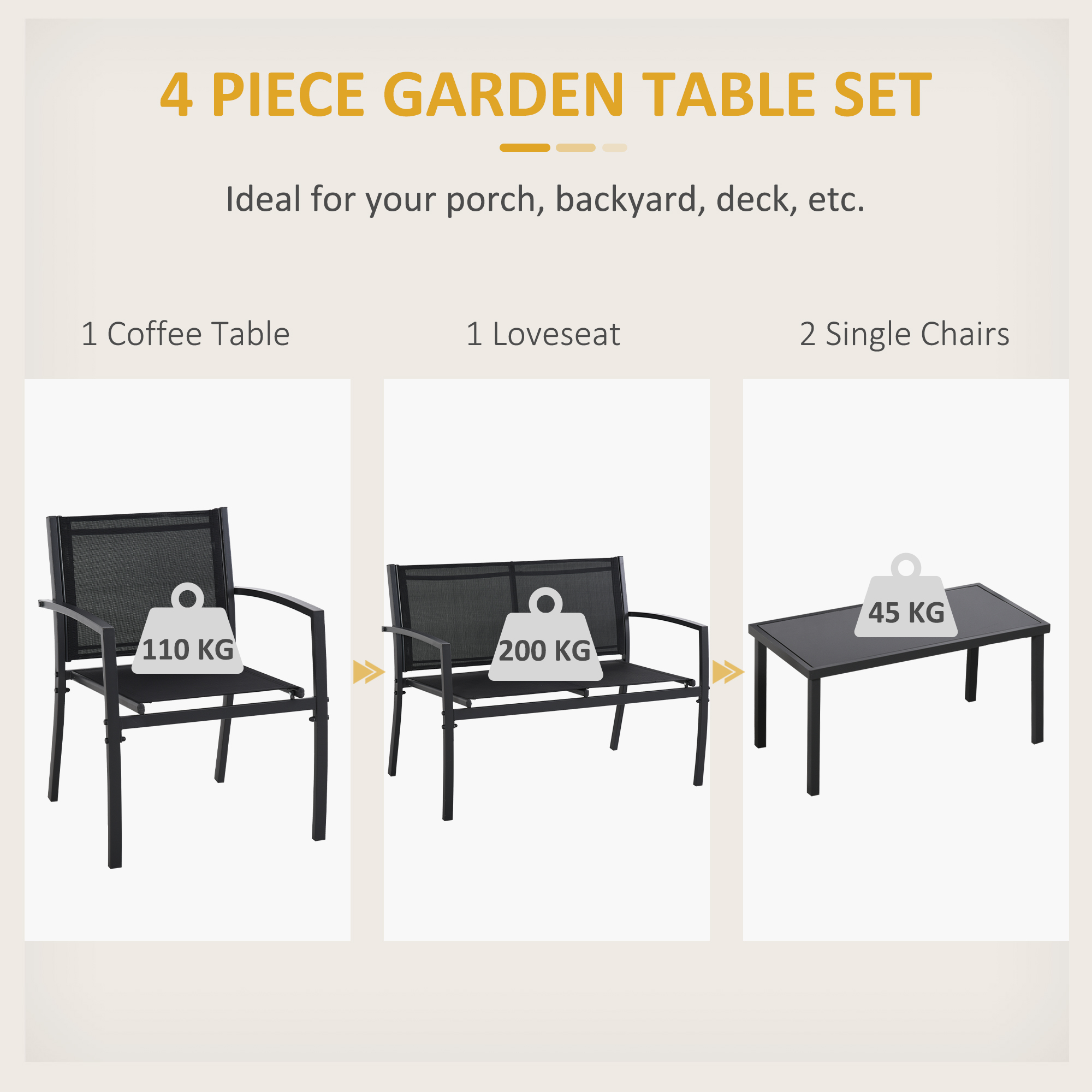 4-Piece Patio Furniture Set with Glass Top Coffee Table, Breathable Mesh Seat & Backrest for Garden, Balcony, Black - Image 2