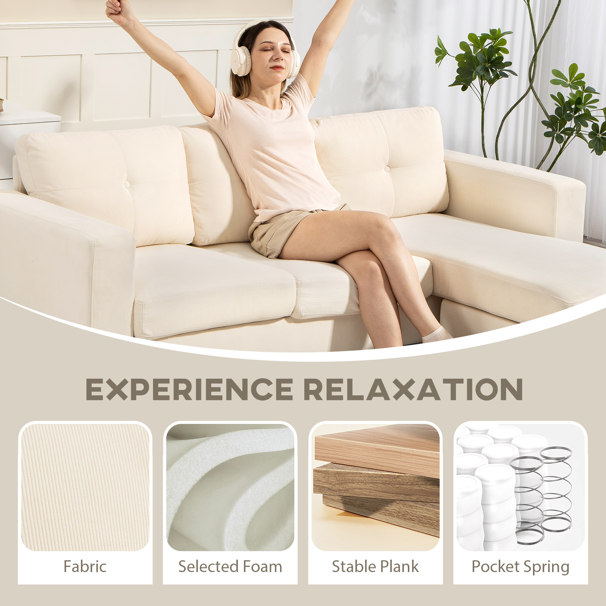 Sectional Sofa with Changeable Chaise Lounge, 3 Seat L-Shaped Sofa, Upholstered Couch for Small Space, Cream White - Image 3