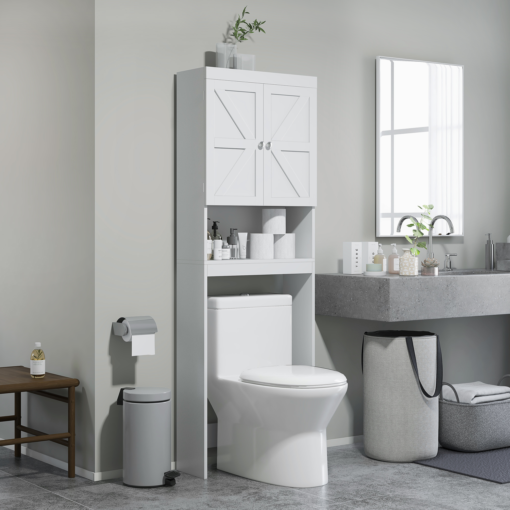 Over The Toilet Cabinet, Modern Bathroom Above Toilet Storage with Barn Doors and Open Shelf, White - Image 6