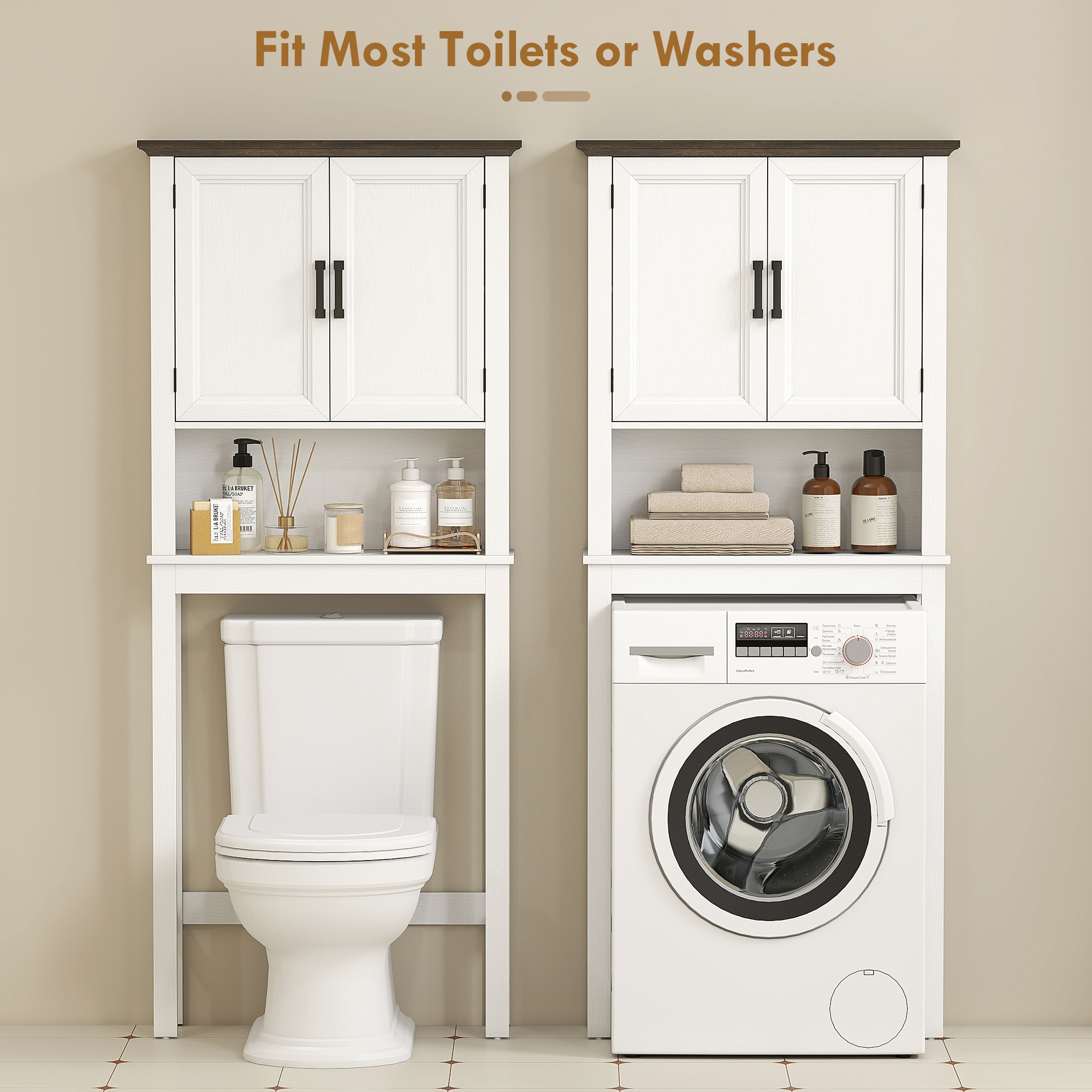 Over The Toilet Storage, Bathroom Cabinet Over Toilet with Open Shelf and Adjustable Bottom Bar, White - Image 4