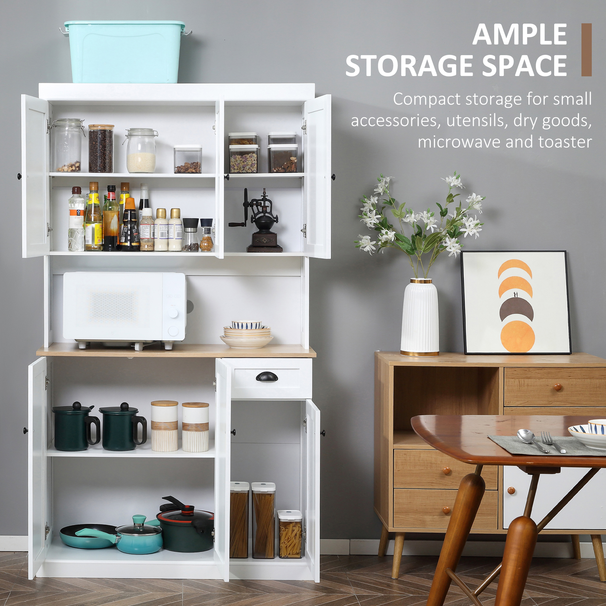 71" Kitchen Pantry Buffet with Hutch Storage Cabinet Microwave Oven Stand with Drawer, White, Oak - Image 3