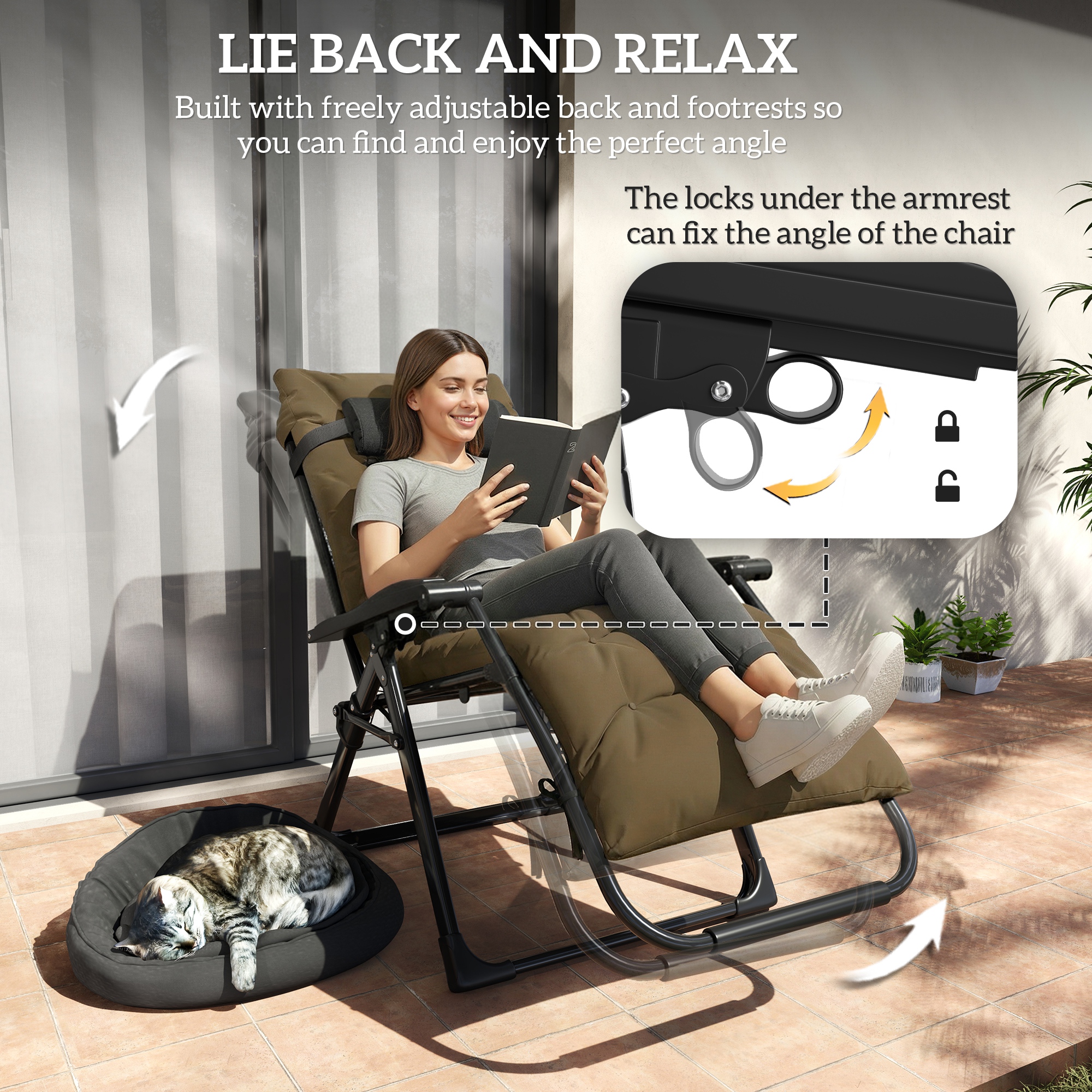 Folding Garden Chair, Reclining Zero Gravity Chair, Sun Lounger with Cushion and Headrest, Khaki - Image 2